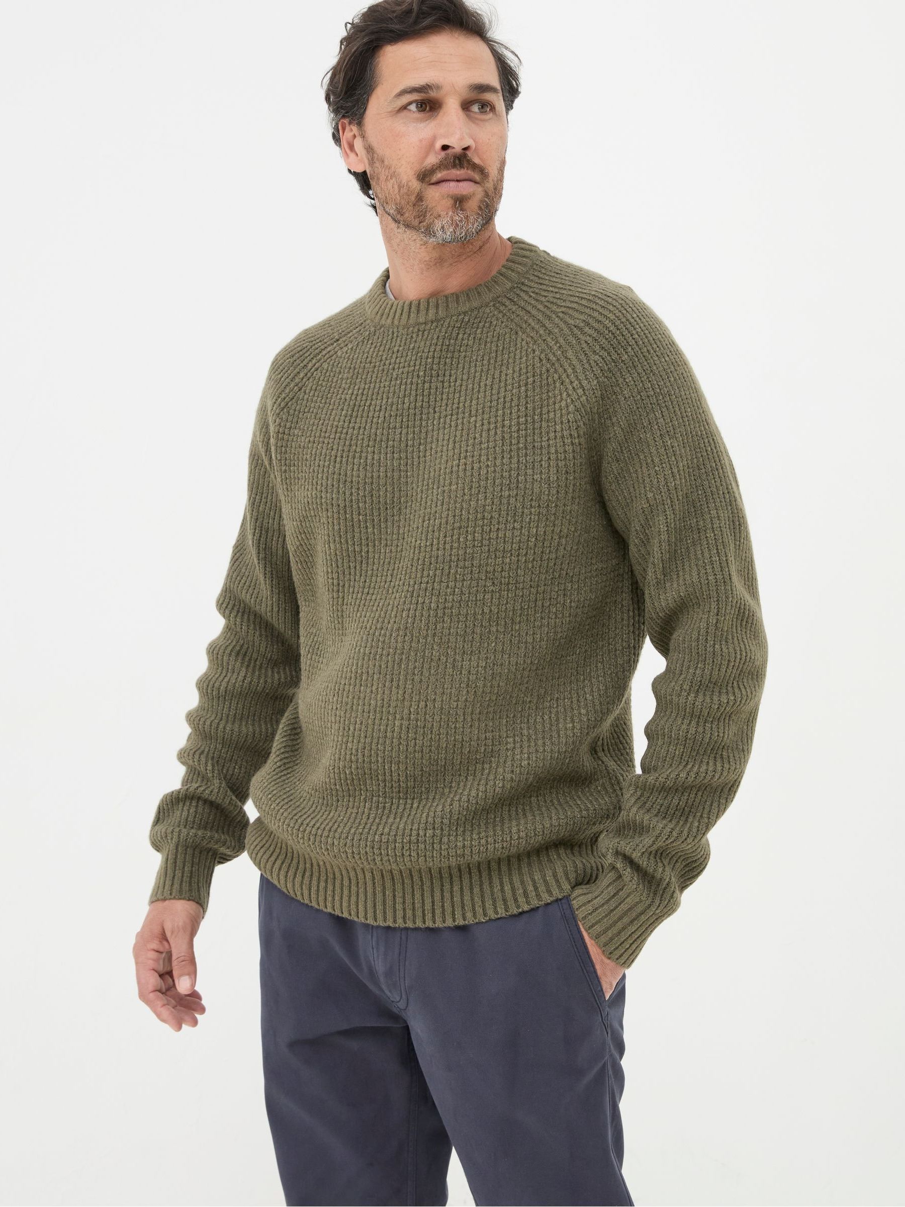 Calder Khaki Green Crew Neck Jumper FatFace