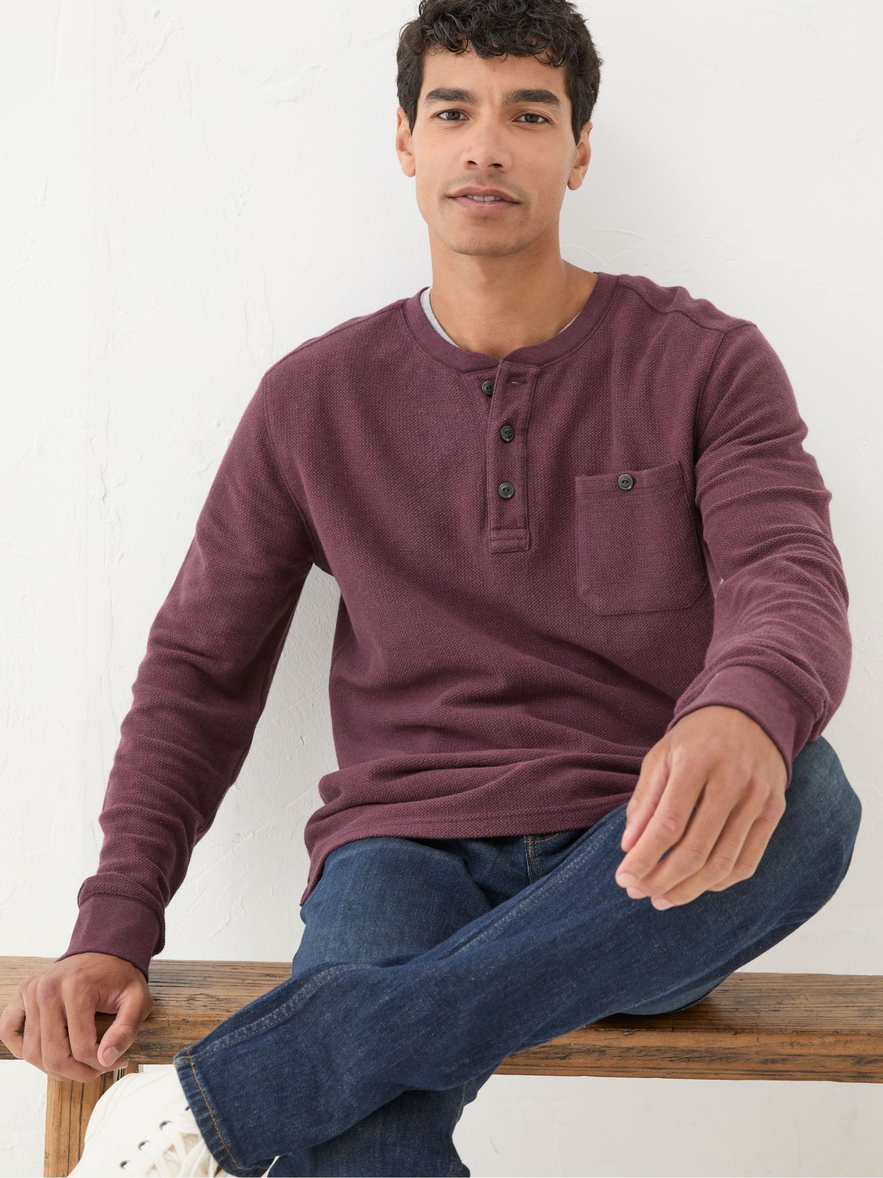 Burgundy Red Southbourne Long Sleeve Henley T-Shirt - Image 3 of 5