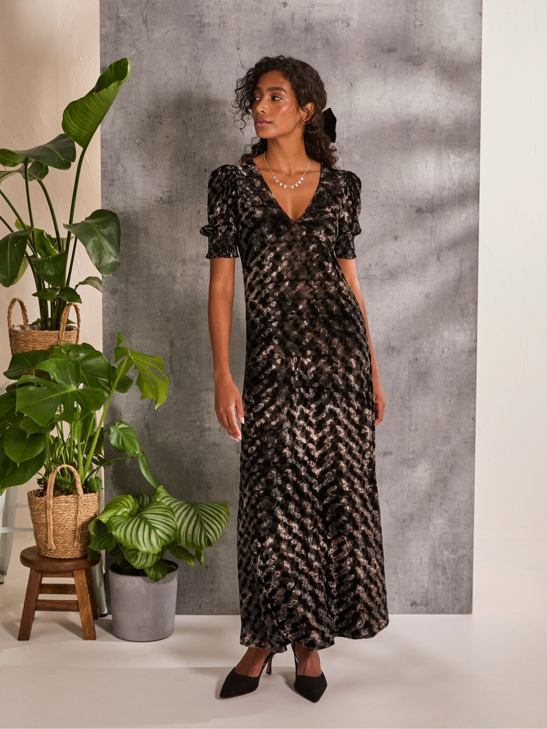 Mia Black Hammered Velvet Midi Dress - Image 1 of 6