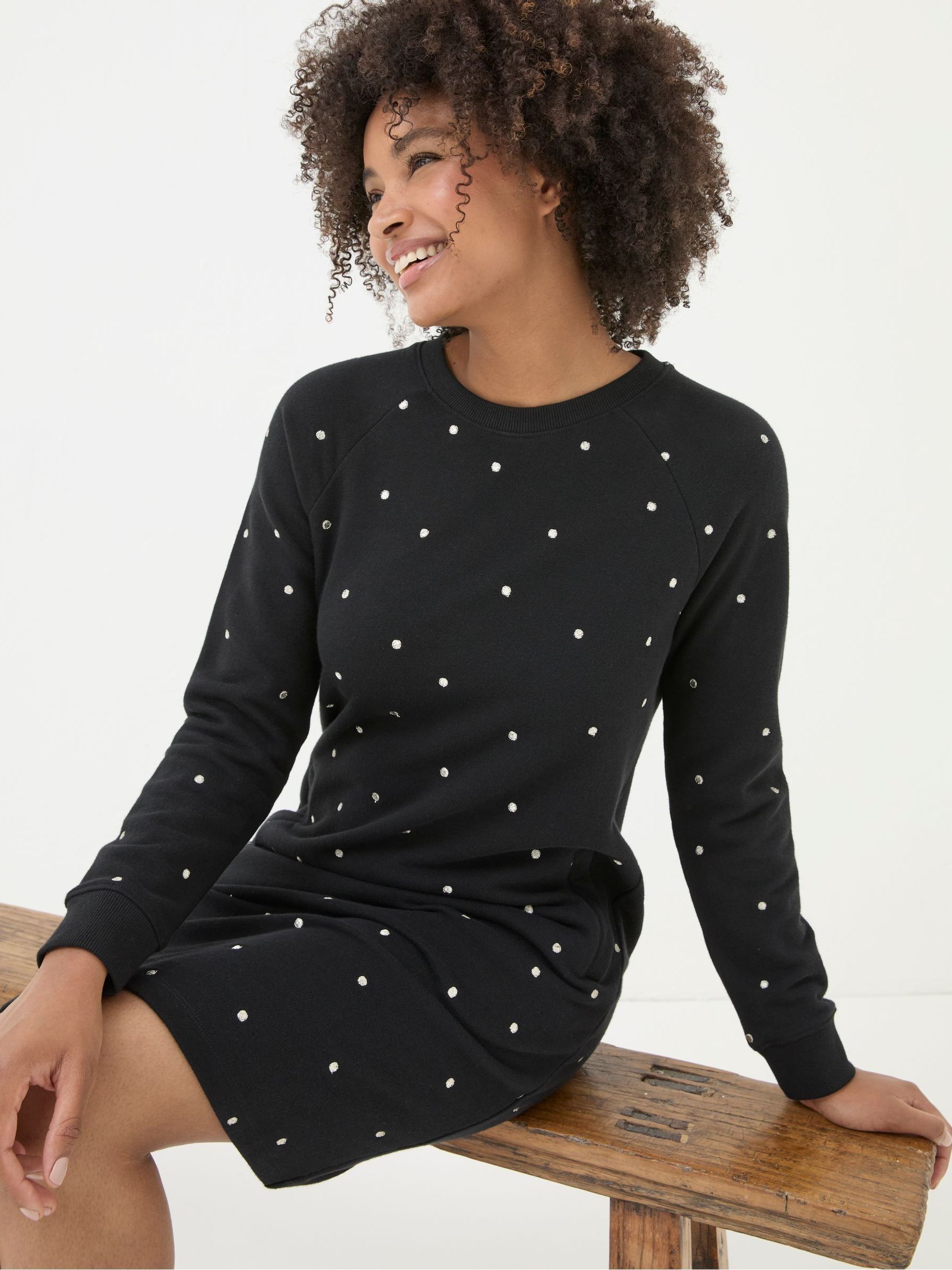 cream and black polka dot dress The Everyday Basics Hooded Sweatshirt Dress – The Sweet Life Apparel and  Gifts main image 1