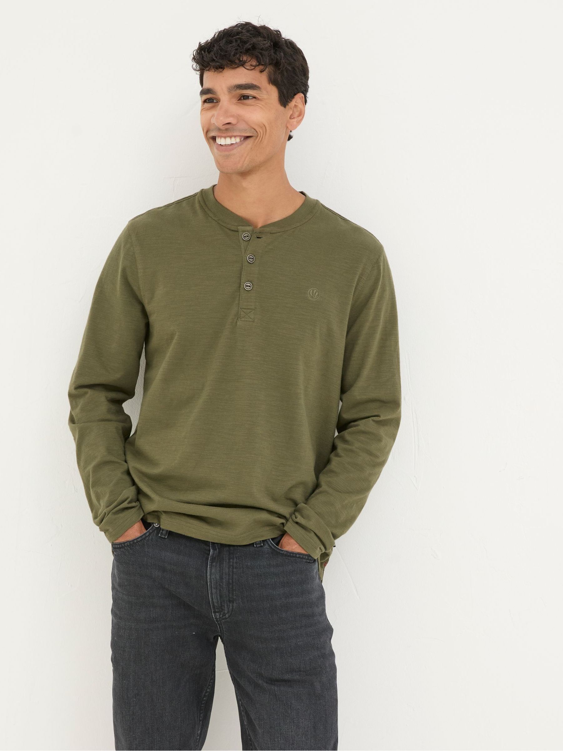 Woodside Khaki Green Long Sleeve Henley T Shirt - Image 1 of 5