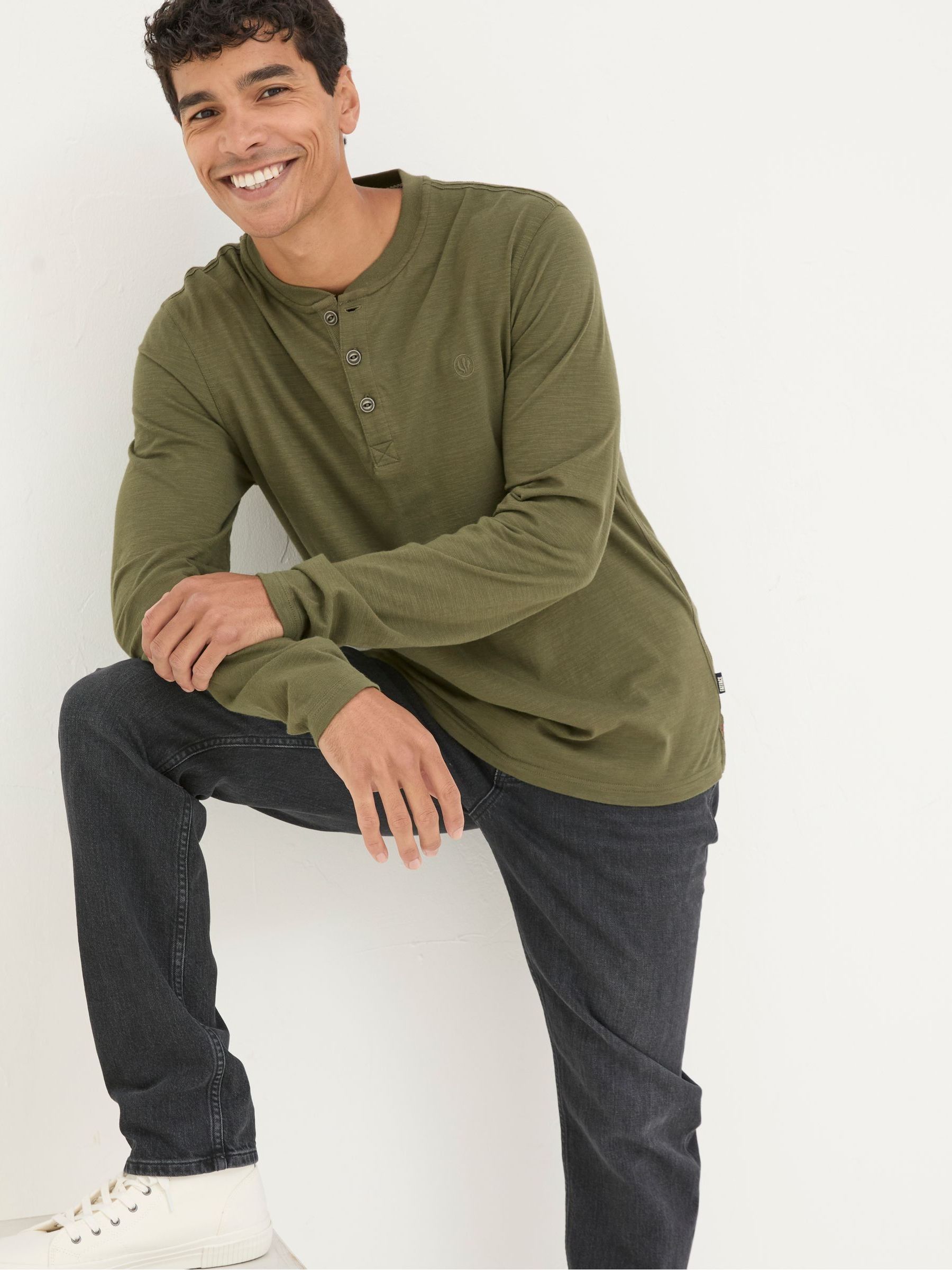 Woodside Khaki Green Long Sleeve Henley T Shirt - Image 3 of 5