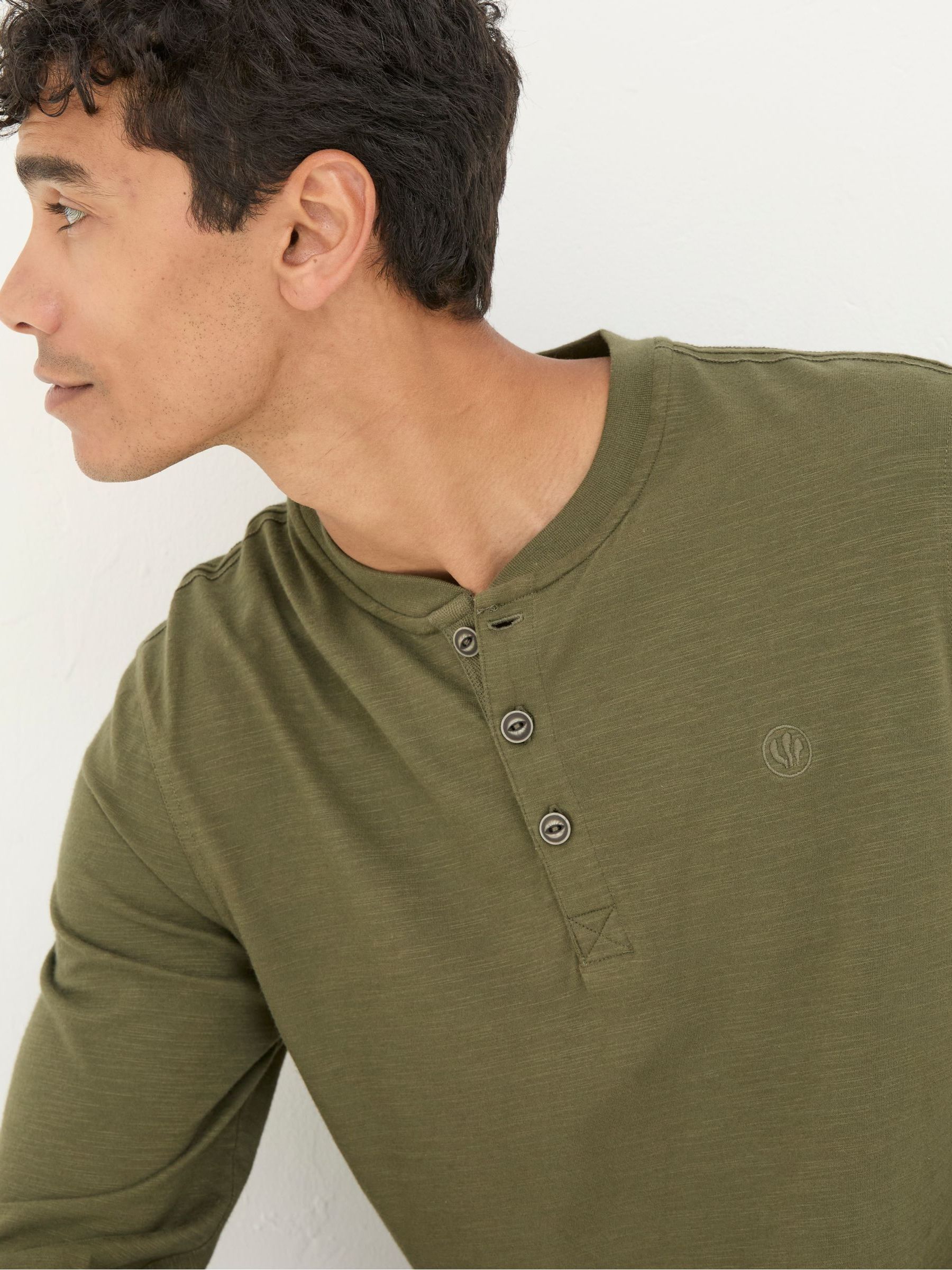 Woodside Khaki Green Long Sleeve Henley T Shirt - Image 4 of 5