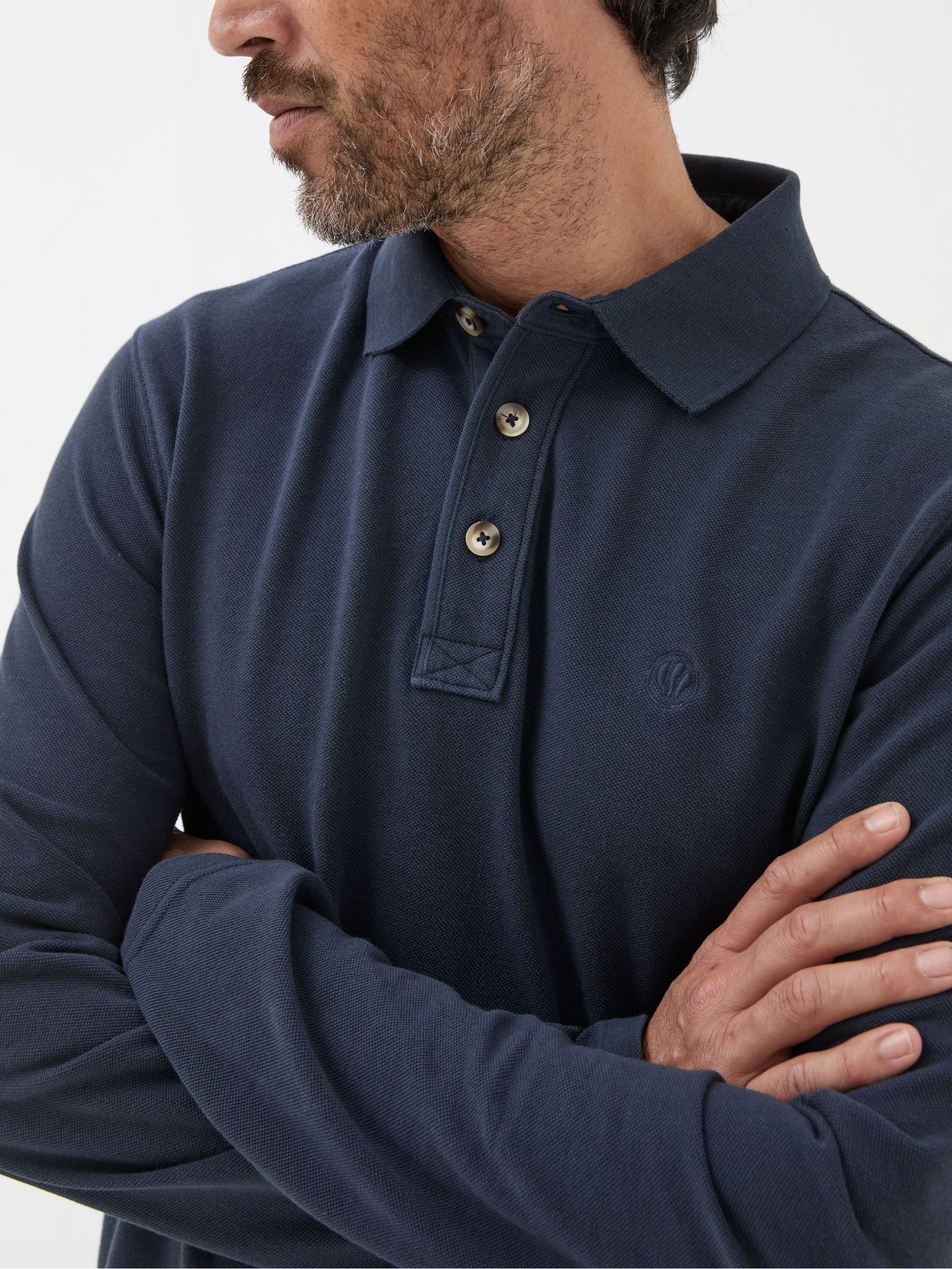 Navy Blue Long Sleeve Organic Pique Polo Shirt - Image 4 of 6