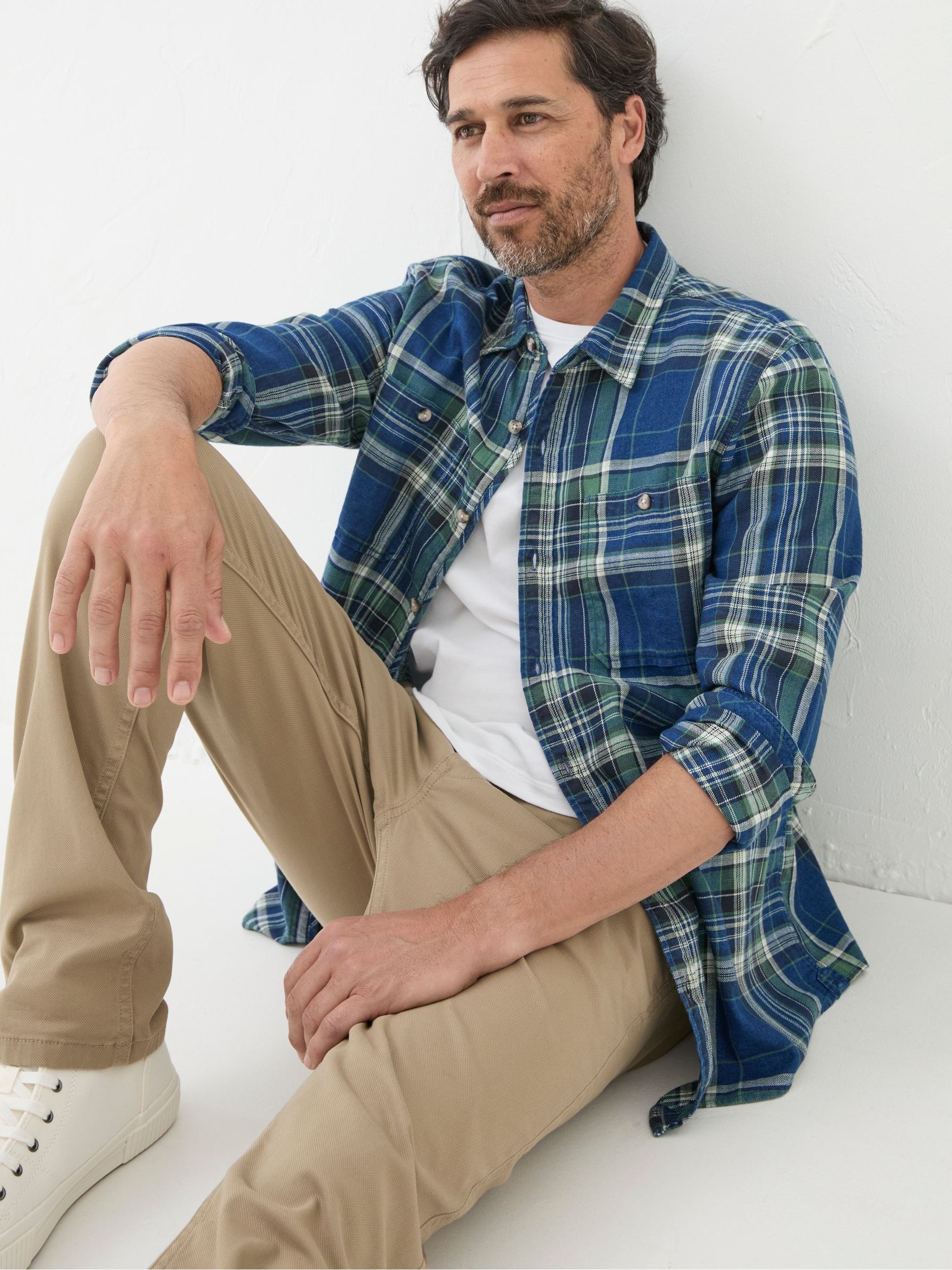 Western Blue/Green 100% Cotton Long Sleeve Check Shirt - Image 3 of 5