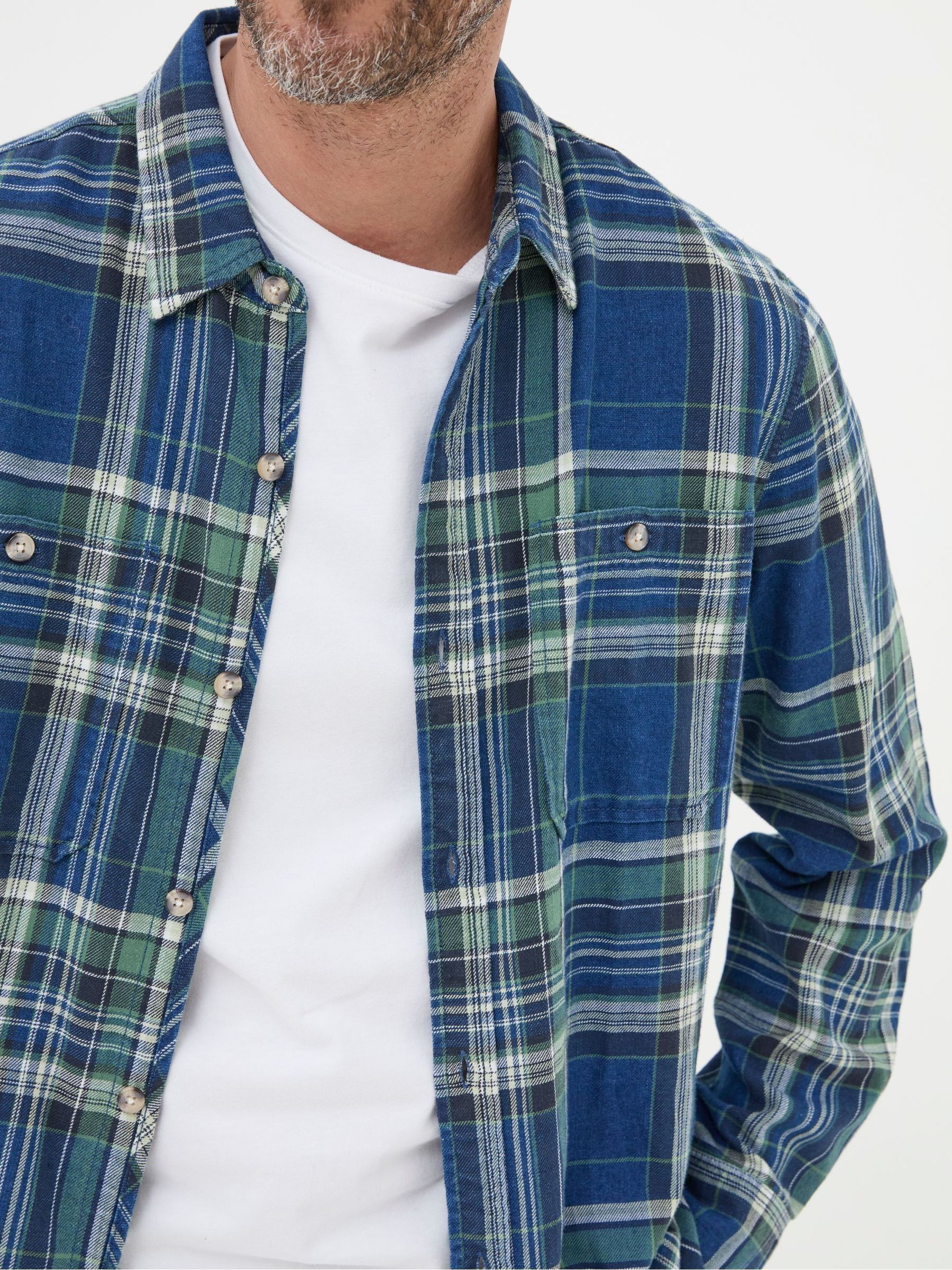 Western Blue/Green 100% Cotton Long Sleeve Check Shirt - Image 4 of 5