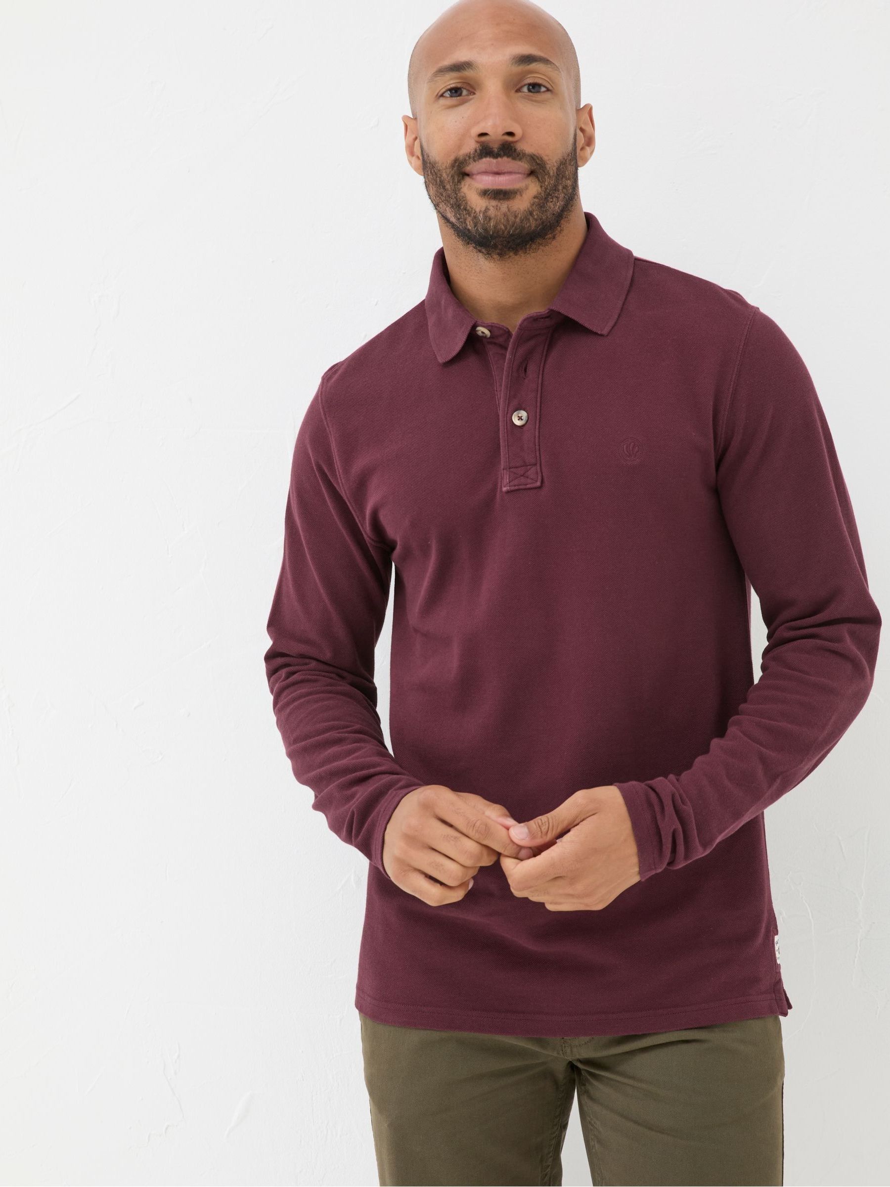 Burgundy Red Long Sleeve Organic Pique Polo Shirt FatFace - Main Image