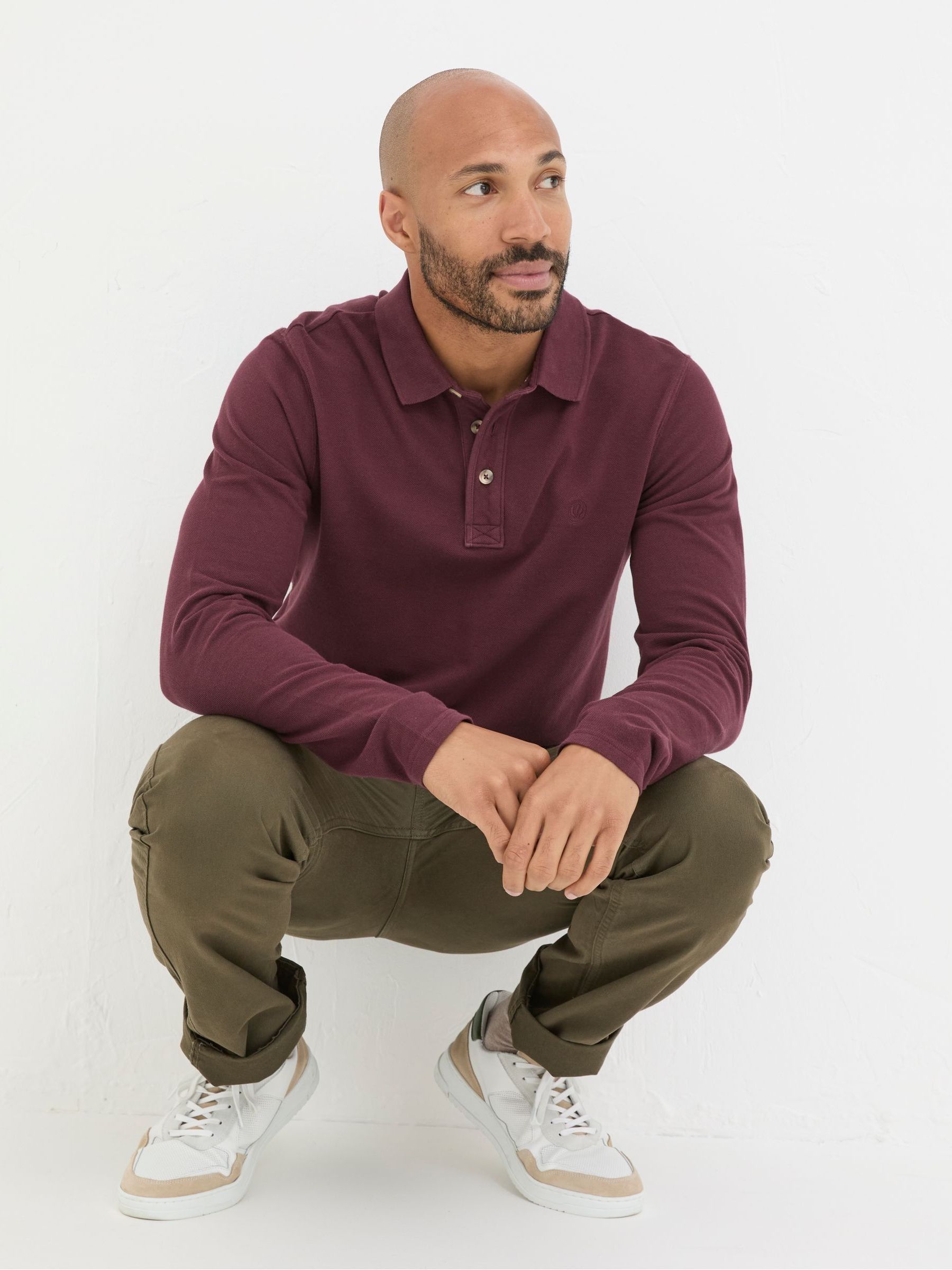 Burgundy Red Long Sleeve Organic Pique Polo Shirt - Image 3 of 5