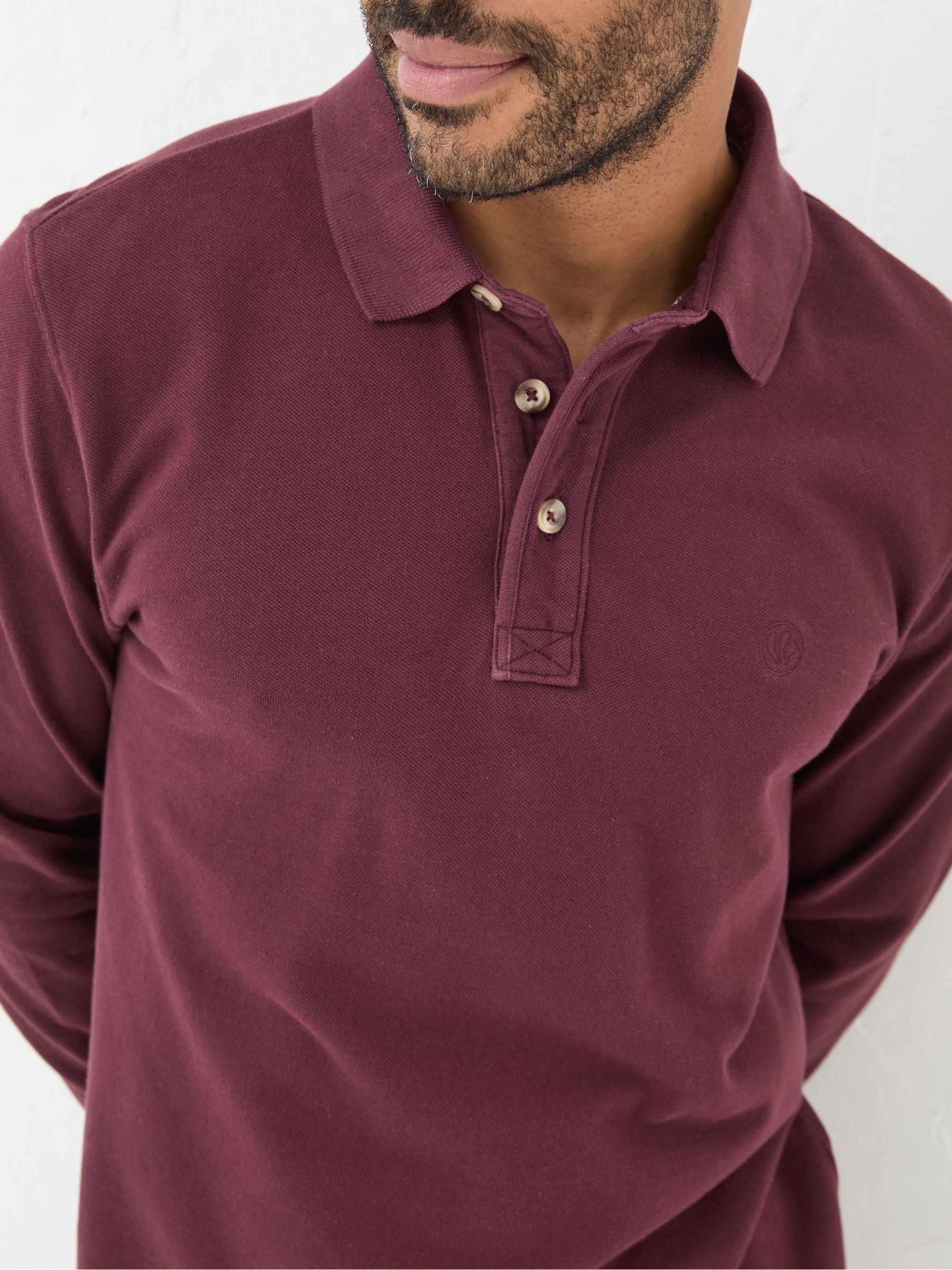 Burgundy Red Long Sleeve Organic Pique Polo Shirt - Image 4 of 5