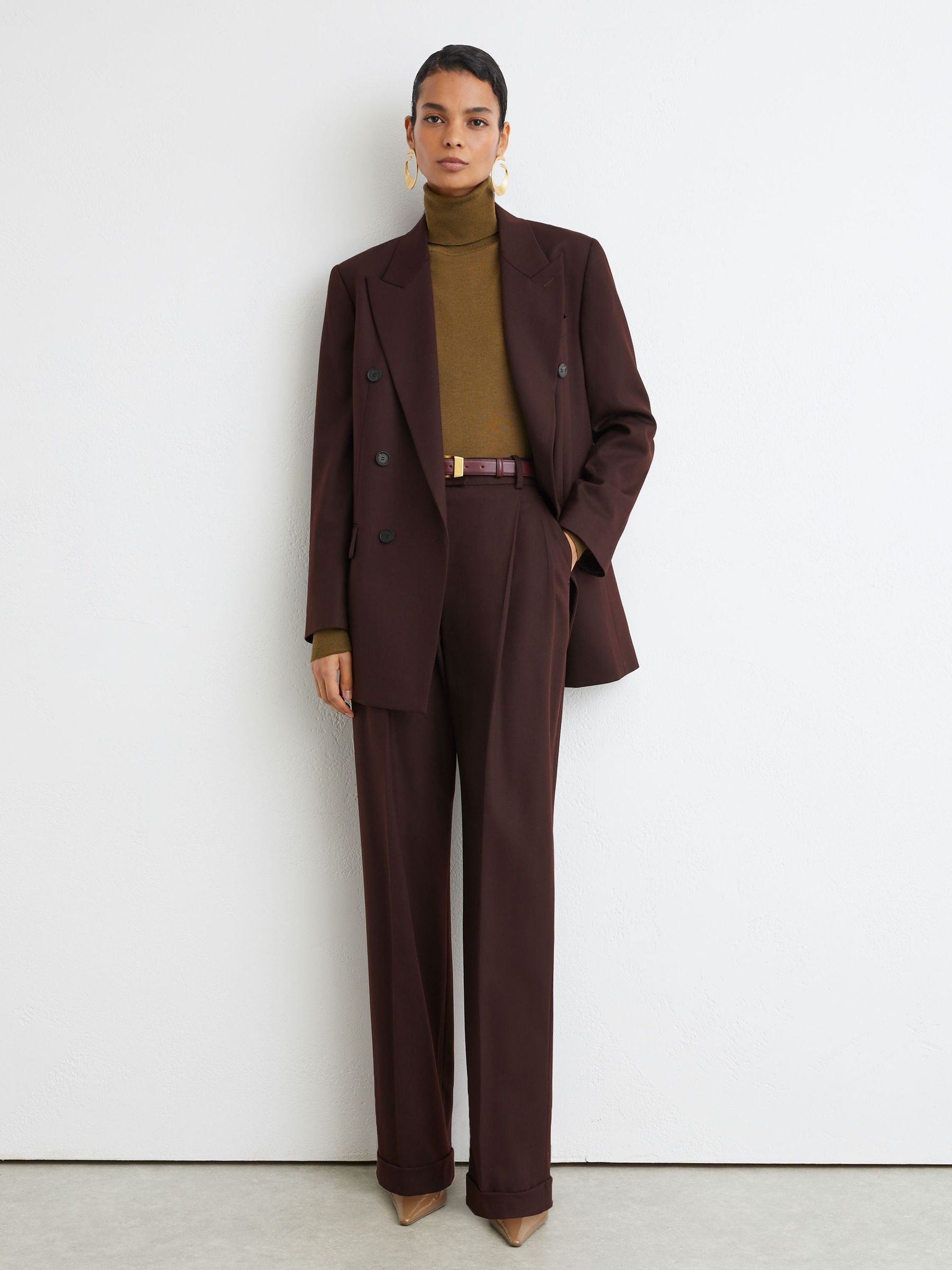 Tall Wool-Blend Wide-Leg Pleated Suit Trousers in Dark Aubergine - Image 5 of 8