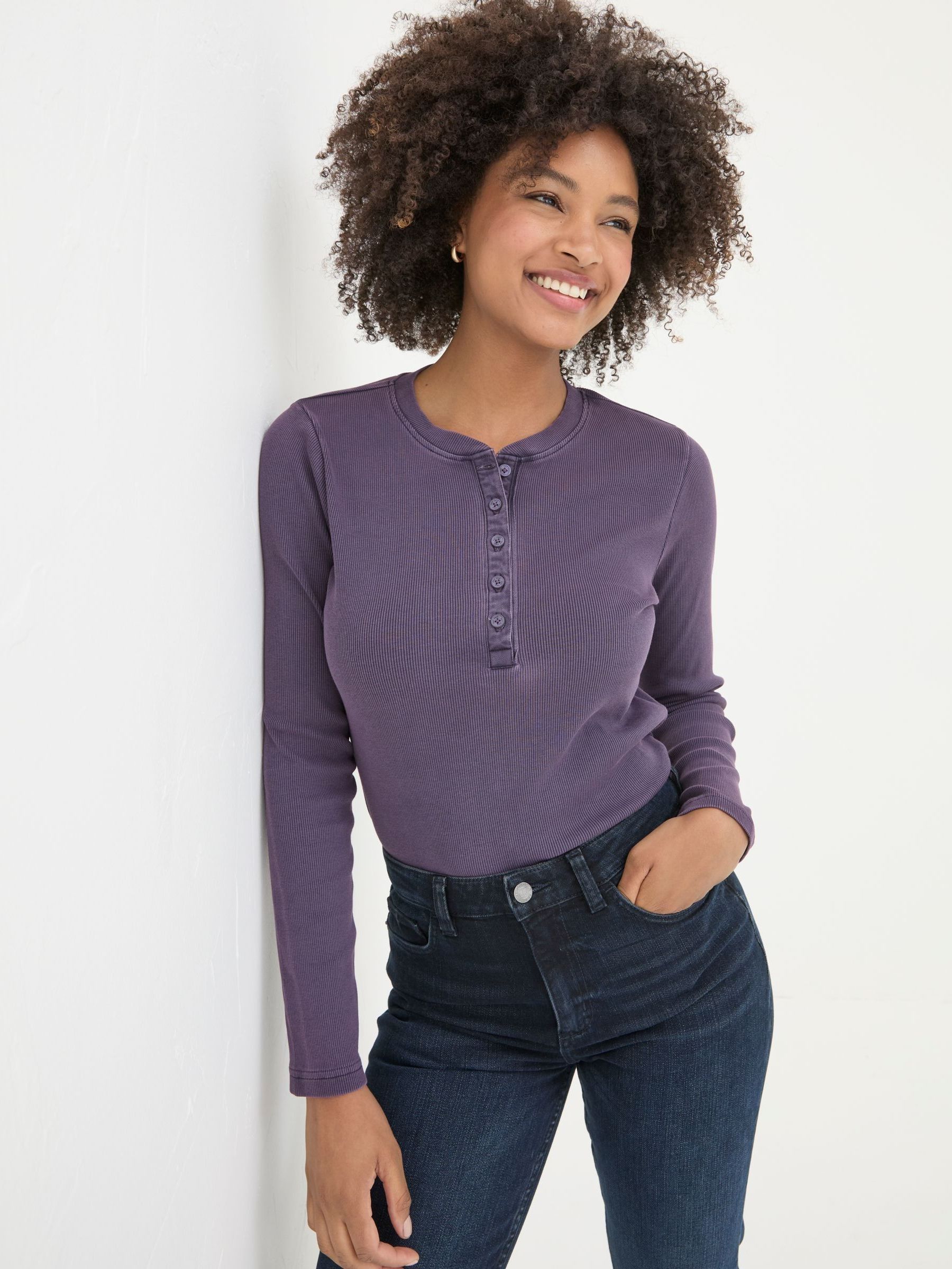 Hettie Purple Rib Henley Top - Image 1 of 5