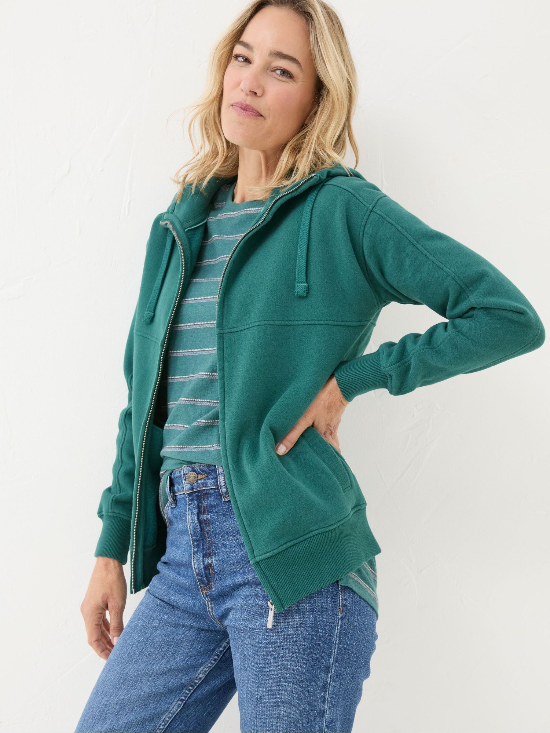 Green Teal Panelled Zip Through Hoodie FatFace