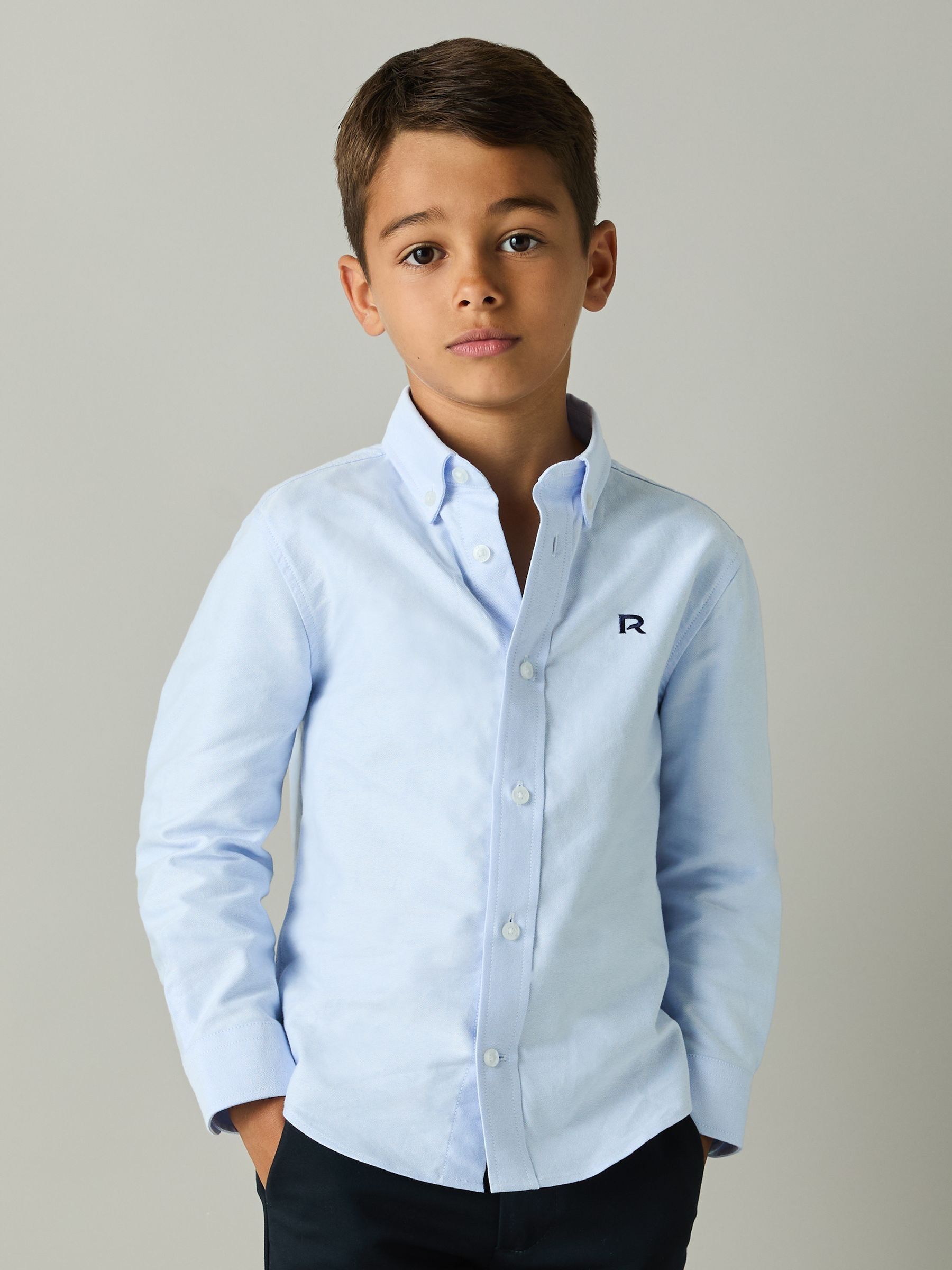 4-9 yrs Cotton-Oxford Embroidered Button-down Shirt in Soft Blue/Navy - Image 3 of 4