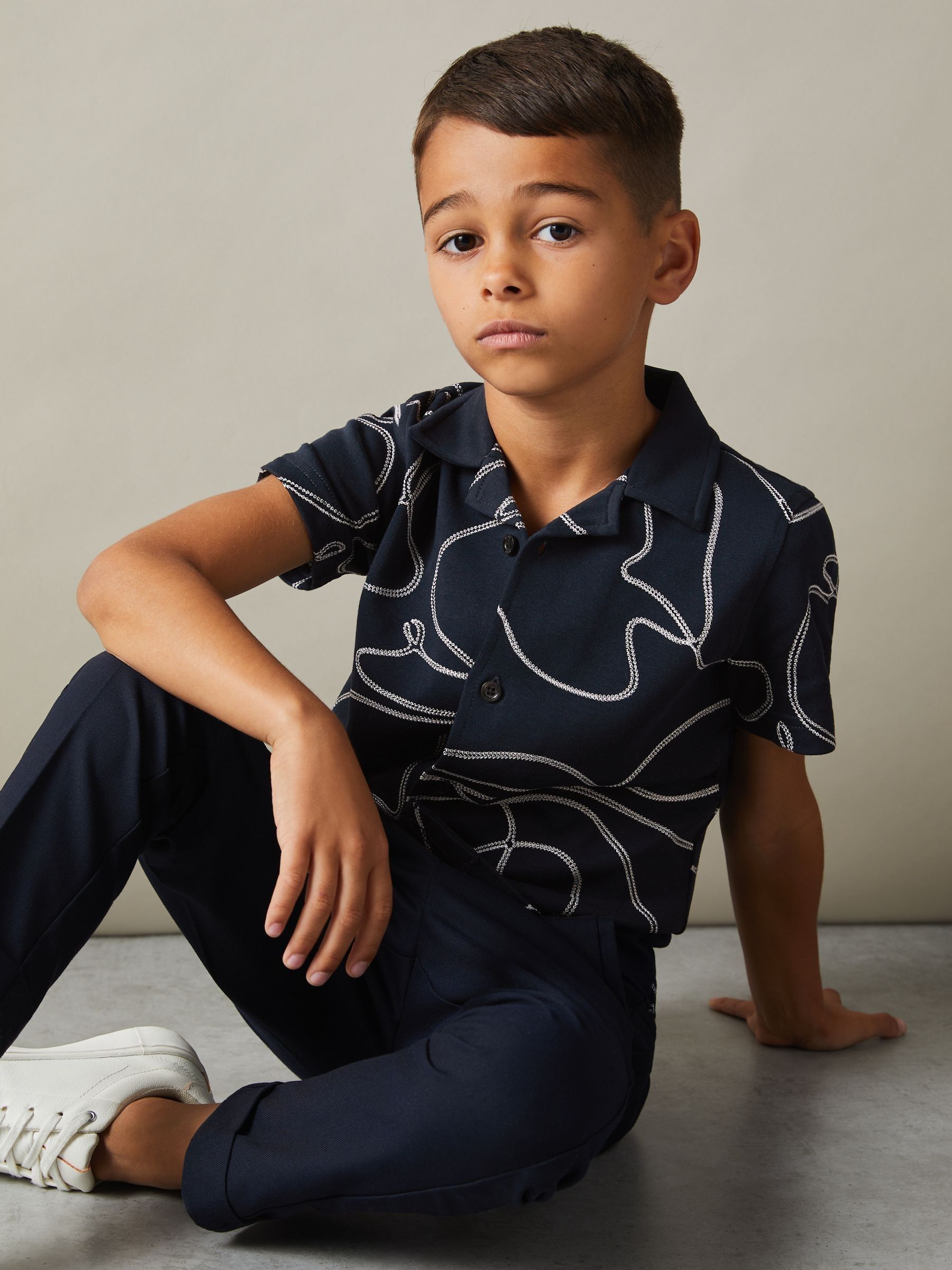 Cotton Jersey Embroidered Shirt in Navy - Image 1 of 4