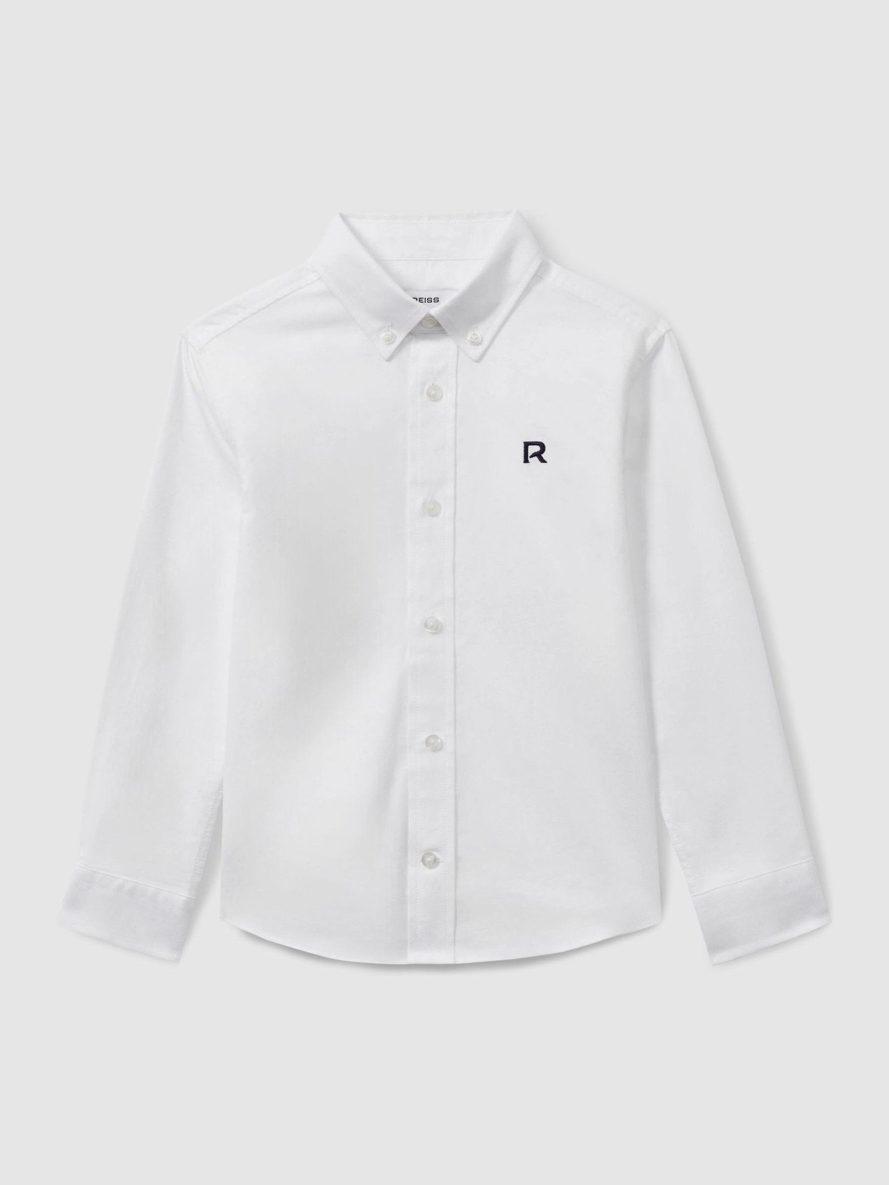4-9 yrs Cotton-Oxford Embroidered Button-down Shirt in White/Navy - Image 2 of 4