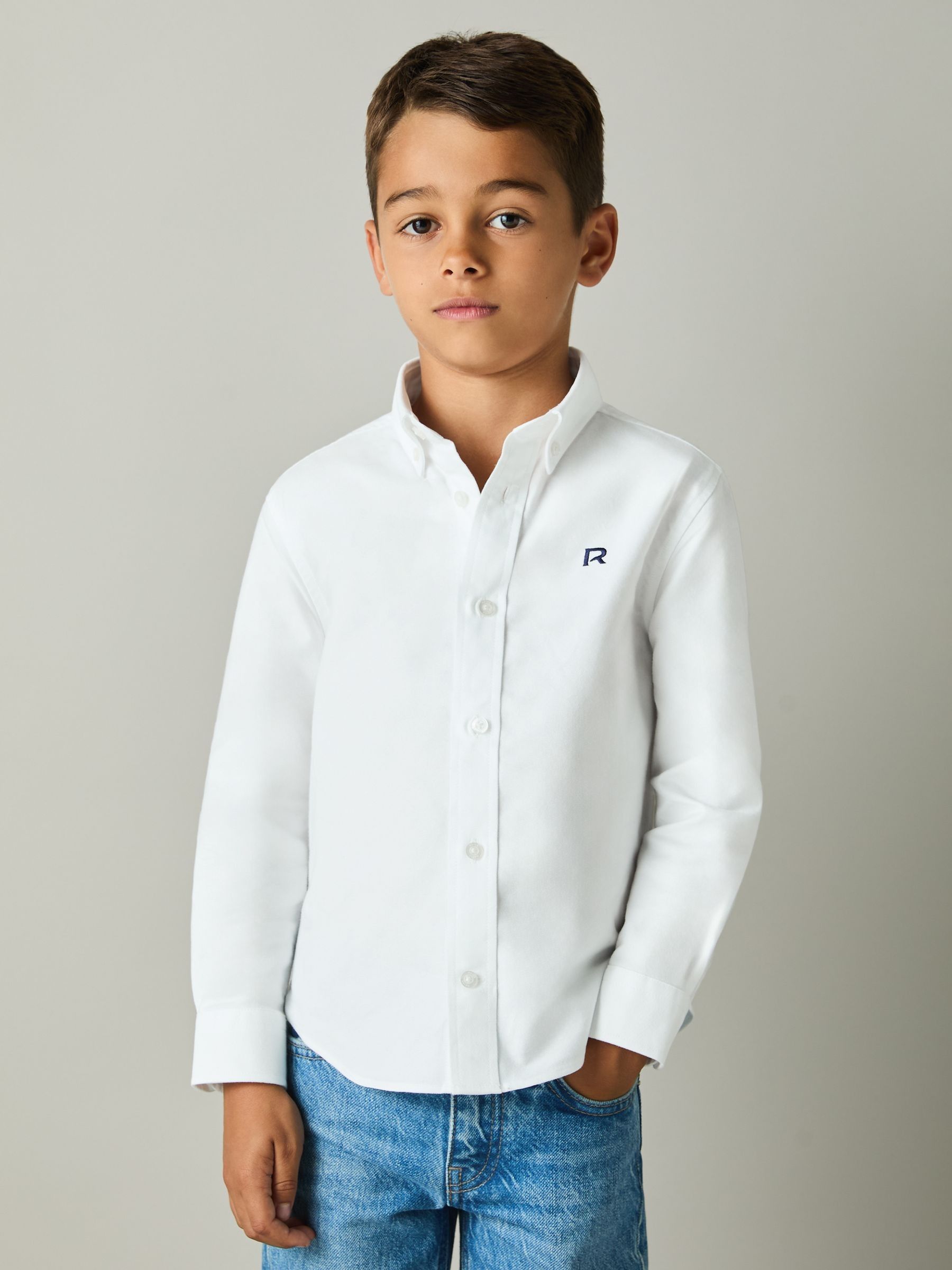 4-9 yrs Cotton-Oxford Embroidered Button-down Shirt in White/Navy - Image 3 of 4