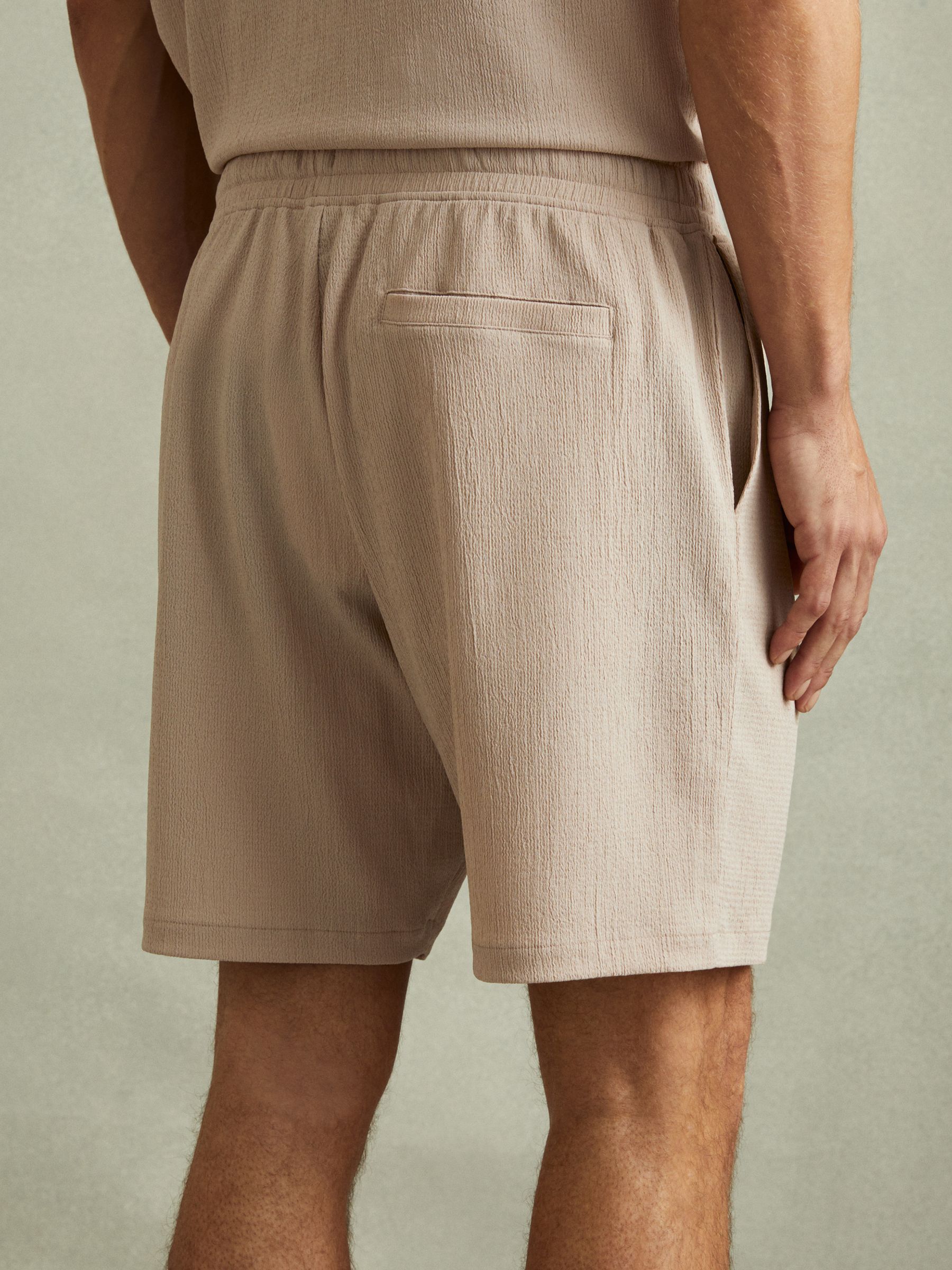 Textured Crepe Drawstring Shorts in Oatmeal - Image 4 of 5