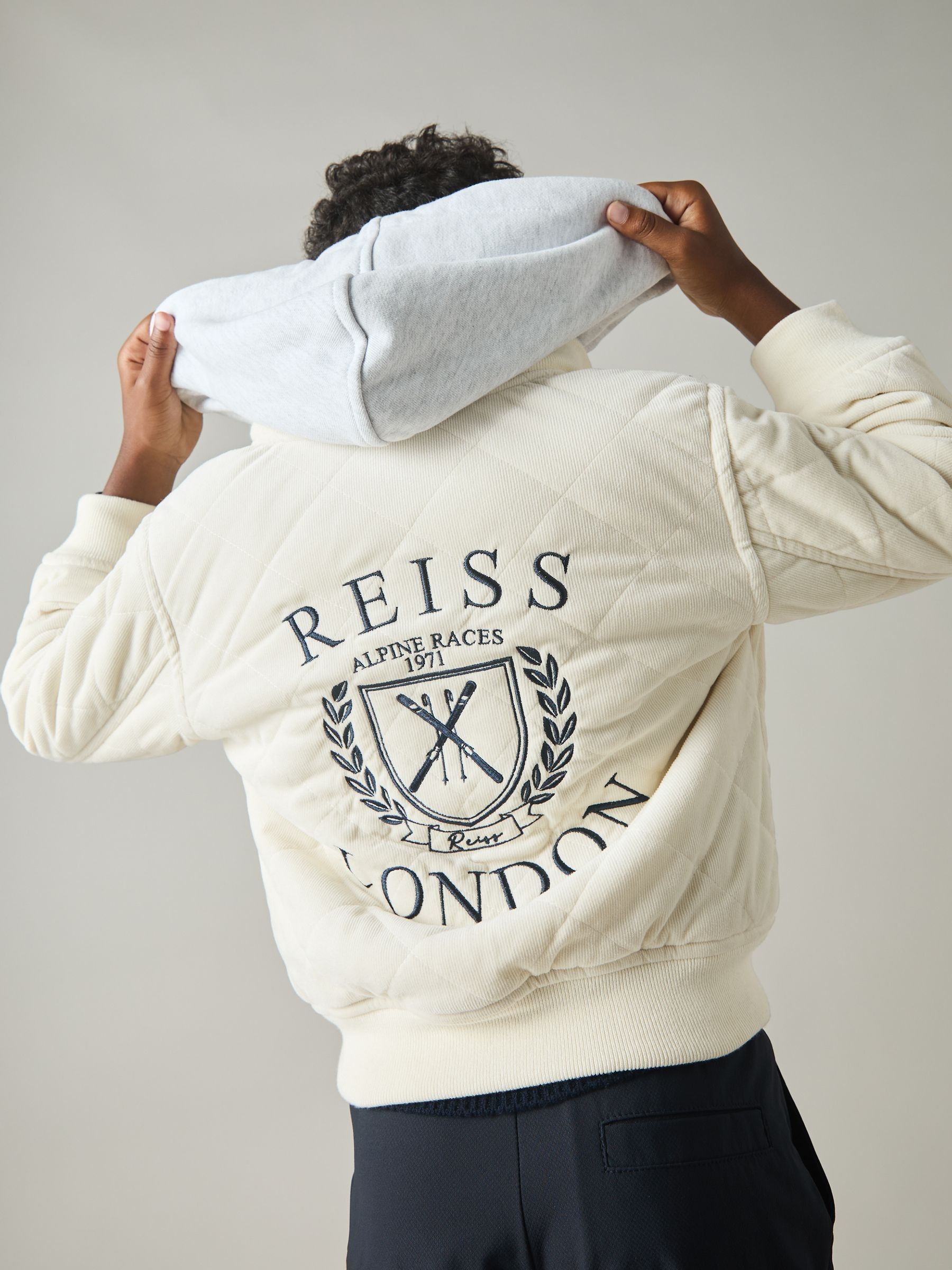 9-13 yrs Embroidered Quilted Needlecord Jacket in Off White/Grey - Image 3 of 4