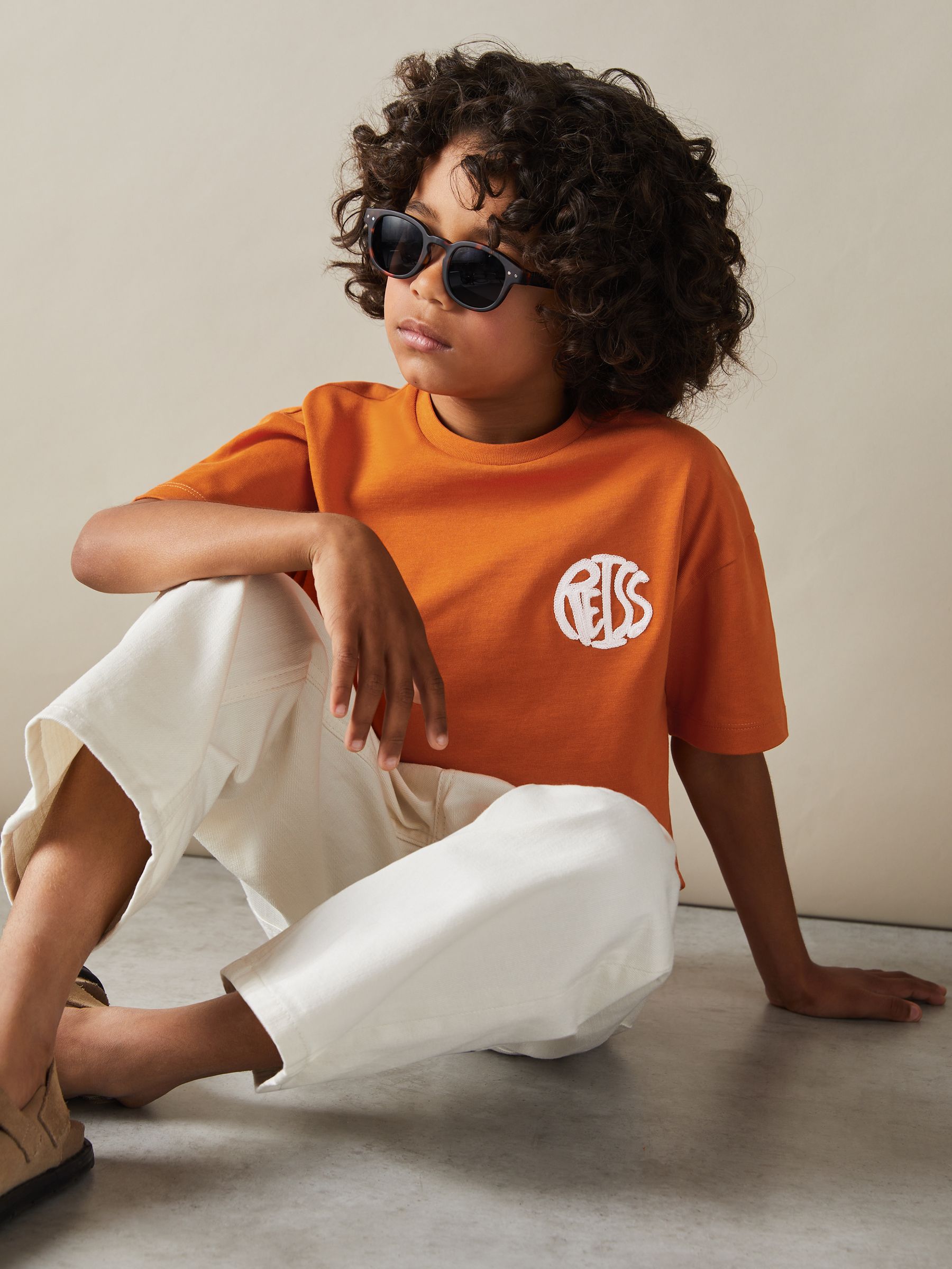 3-9 yrs Oversized Cotton Embroidered T-Shirt in Burnt Orange/Off White - Image 2 of 4