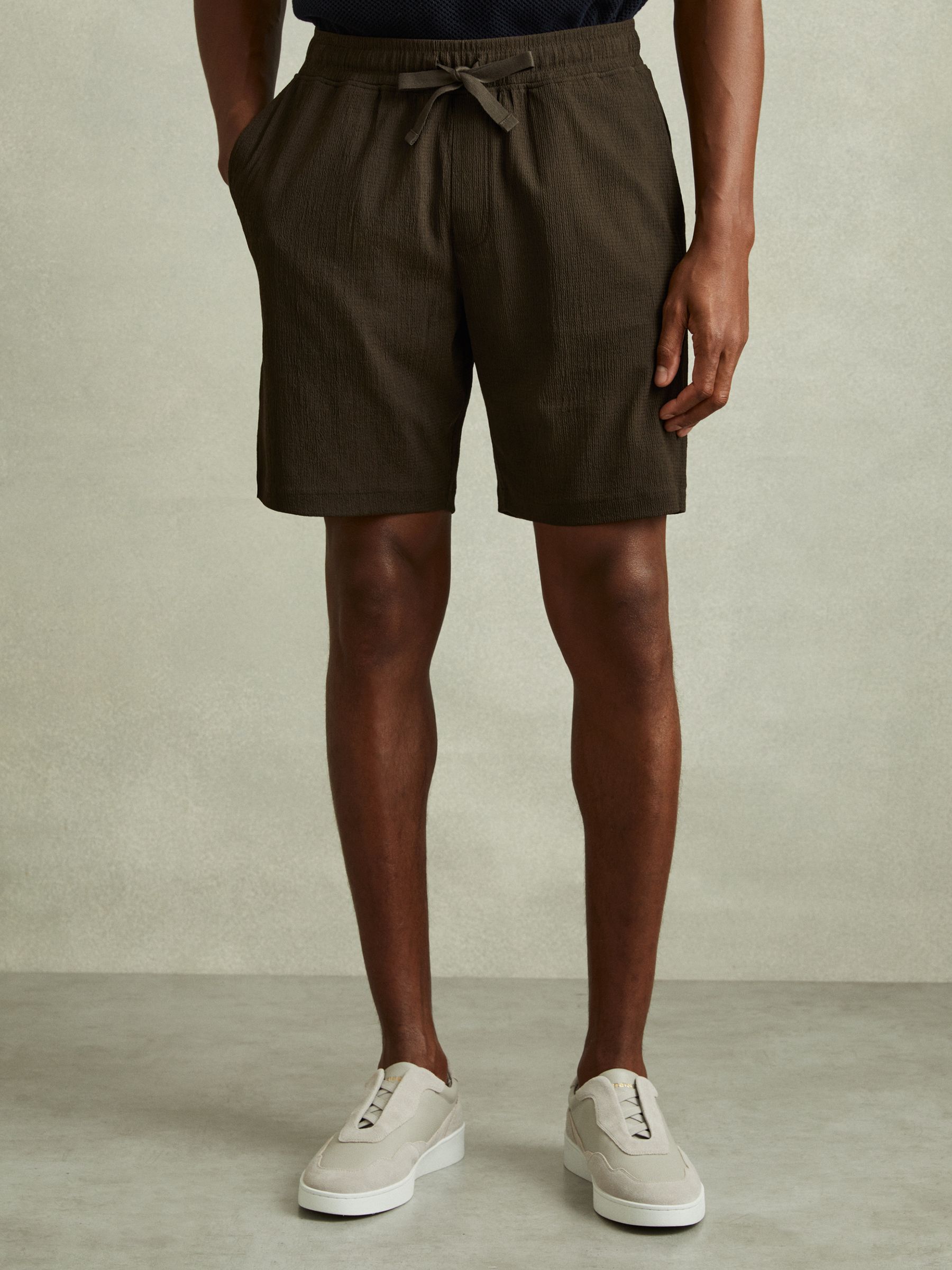 Textured Crepe Drawstring Shorts in Dark Olive Green - Image 1 of 6