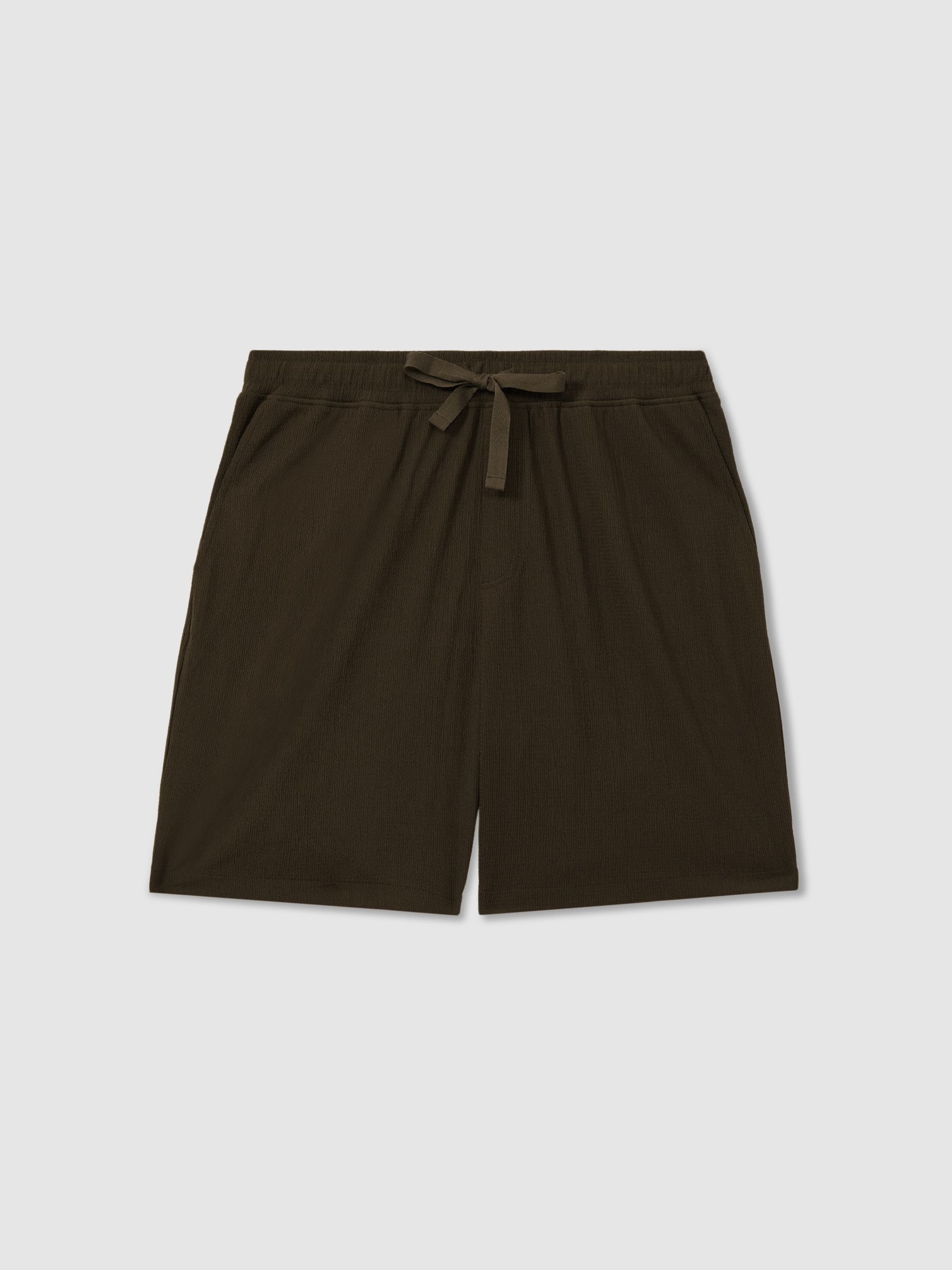 Textured Crepe Drawstring Shorts in Dark Olive Green - Image 2 of 6