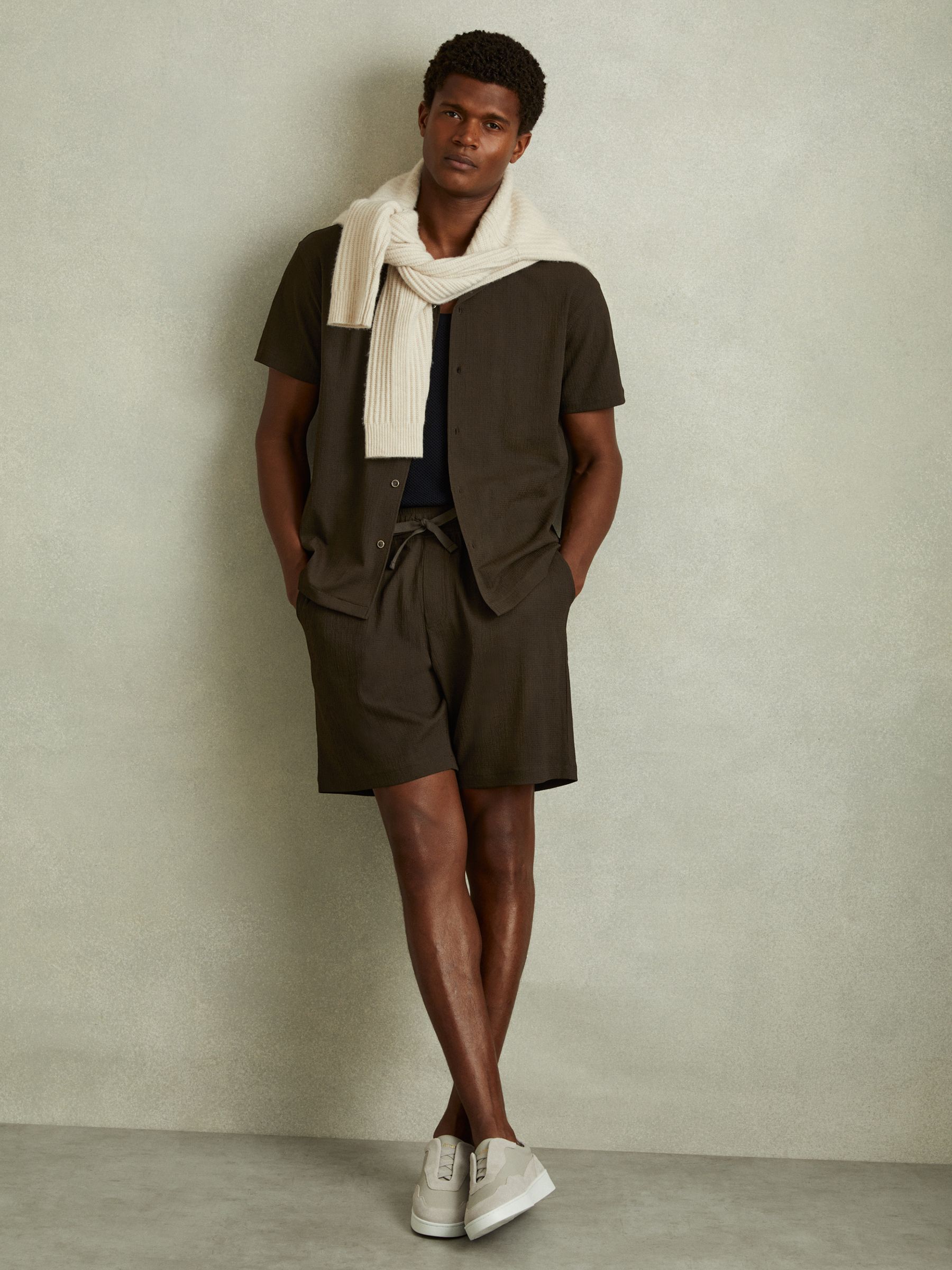 Textured Crepe Drawstring Shorts in Dark Olive Green - Image 3 of 6
