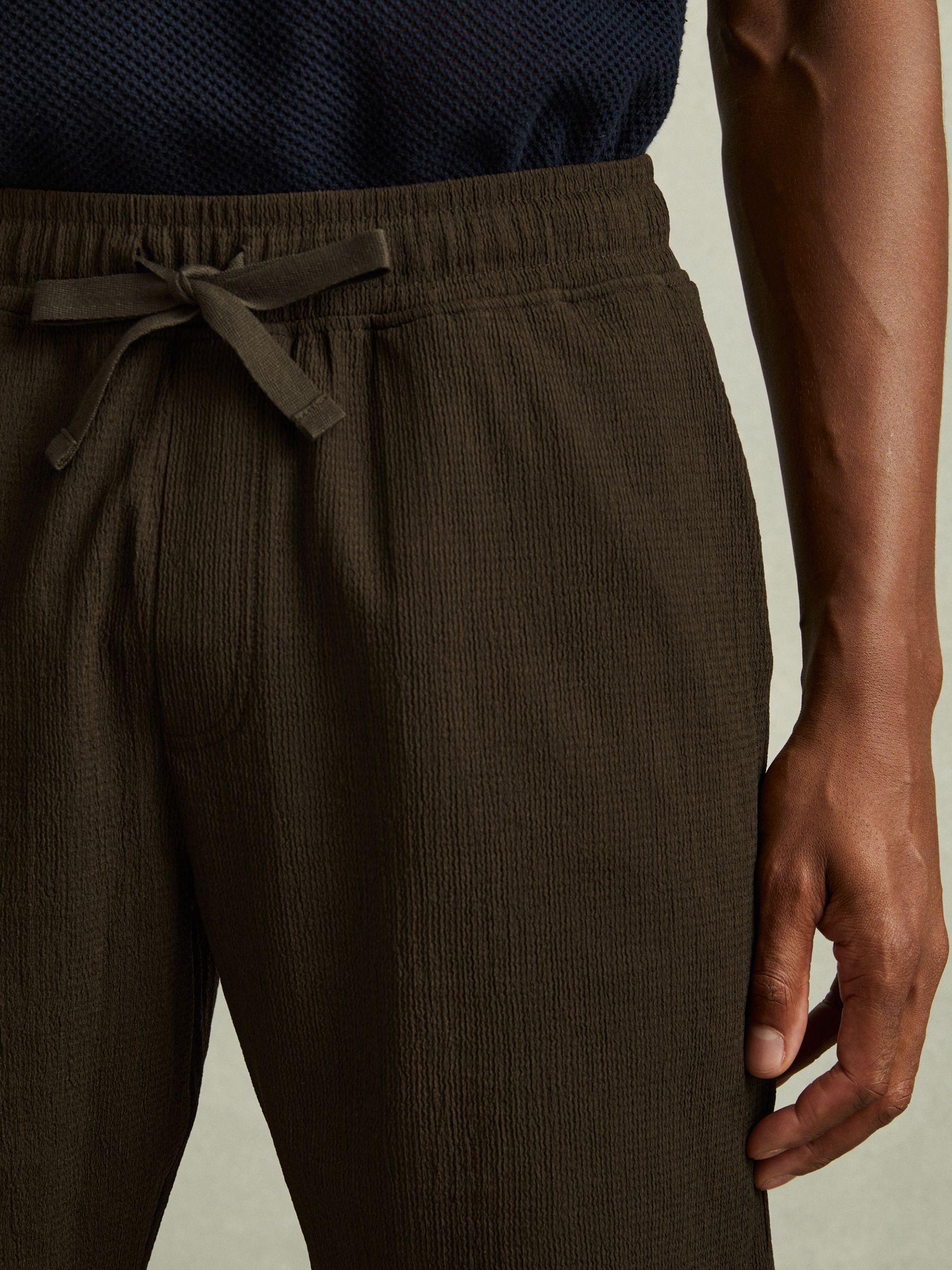 Textured Crepe Drawstring Shorts in Dark Olive Green - Image 4 of 6
