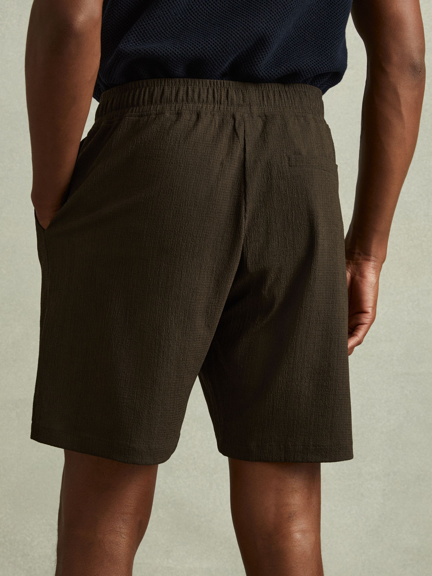 Textured Crepe Drawstring Shorts in Dark Olive Green - Image 5 of 6
