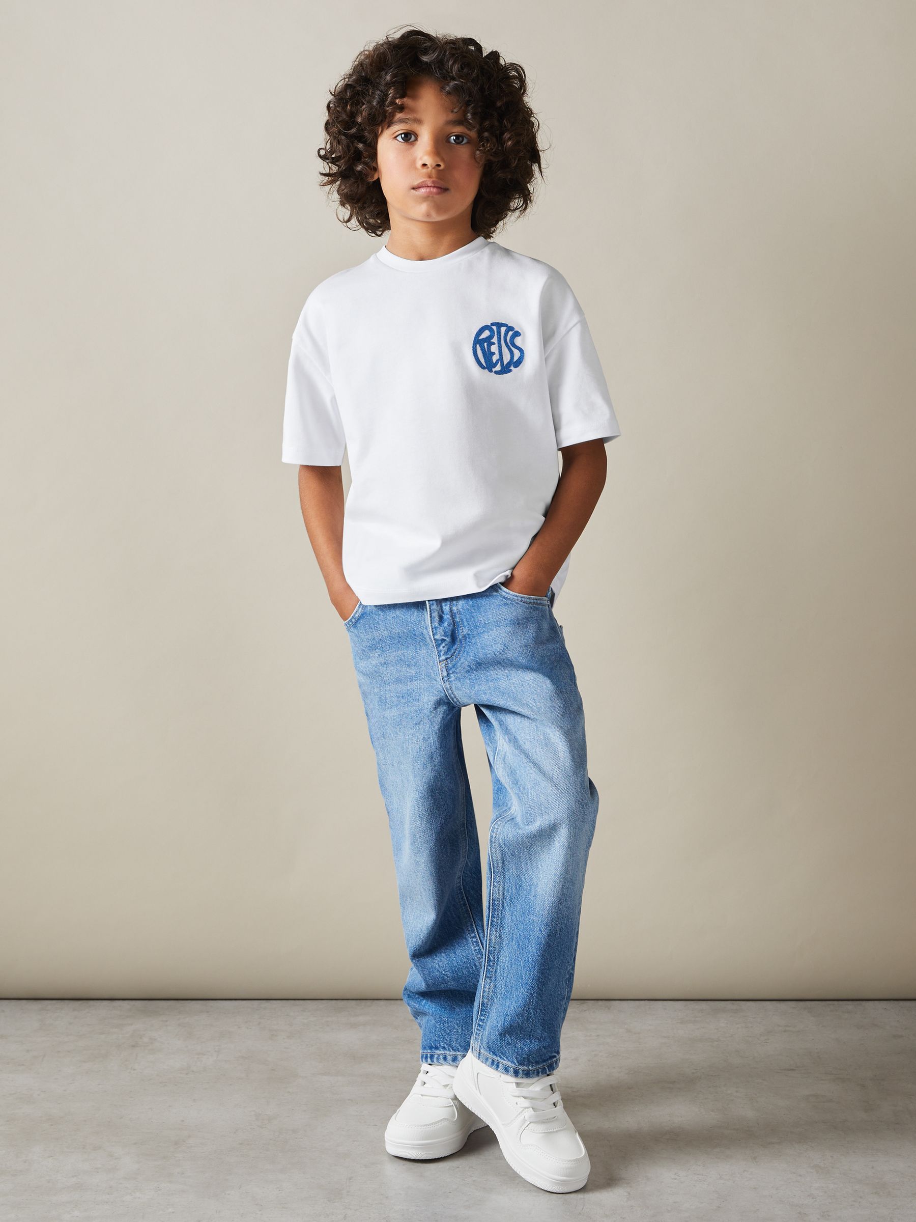 3-9 yrs Oversized Cotton Embroidered T-Shirt in Optic White/Blue - Image 1 of 5