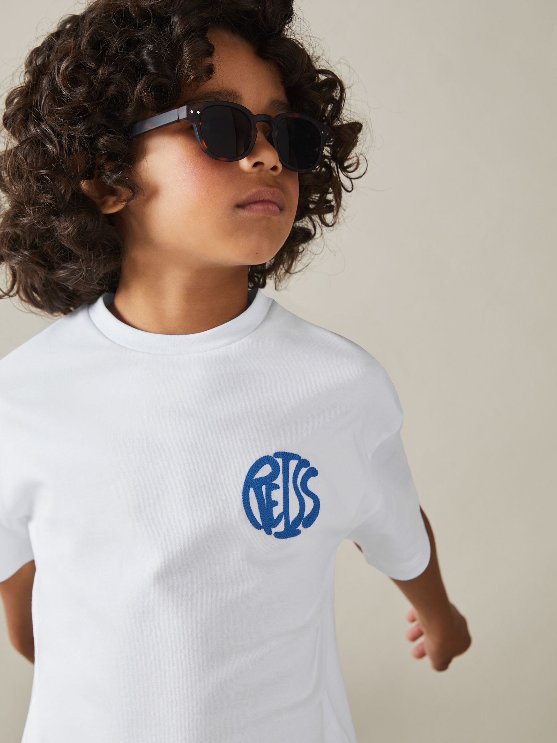 3-9 yrs Oversized Cotton Embroidered T-Shirt in Optic White/Blue - Image 3 of 5