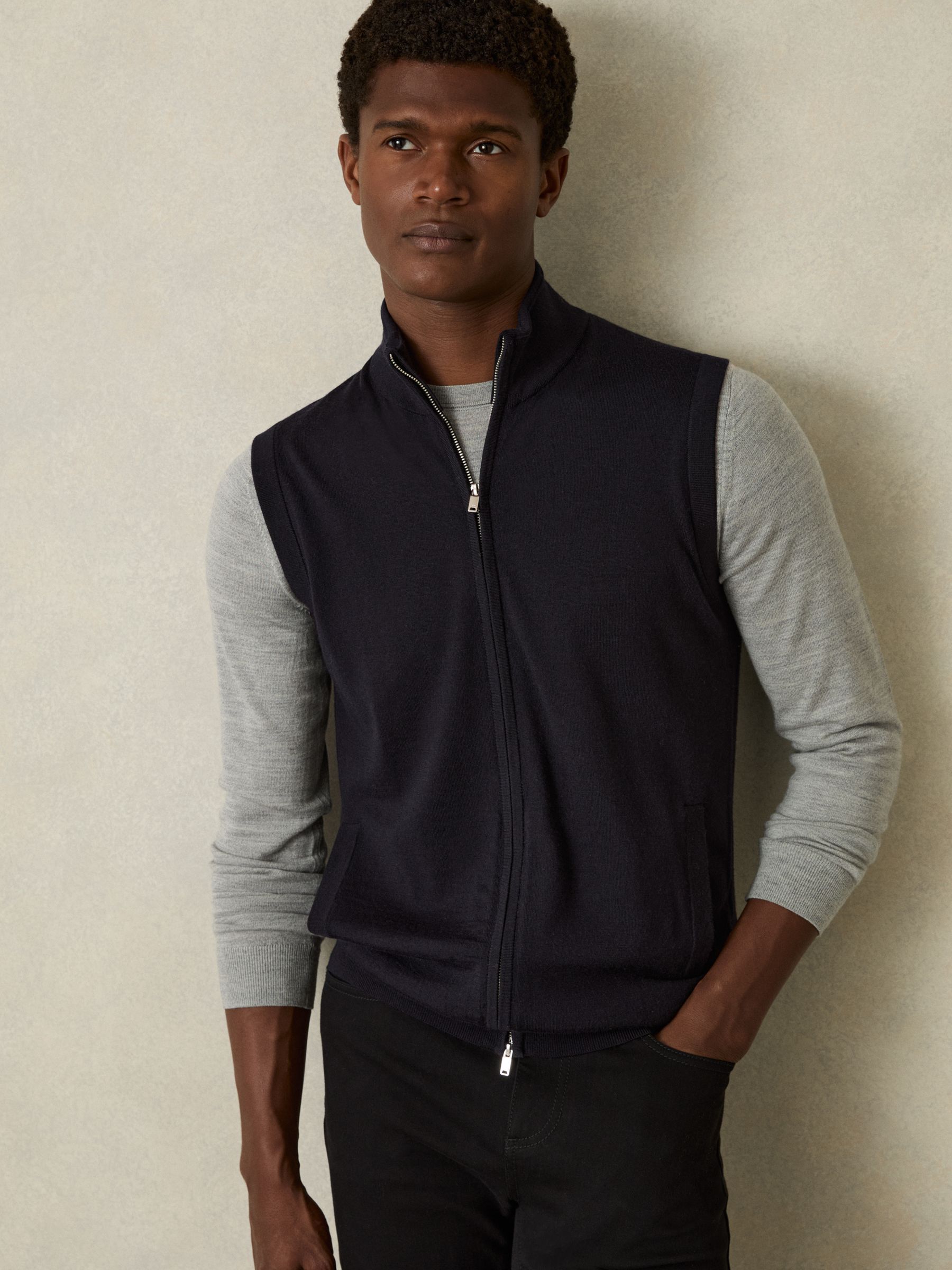 Merino Wool Zip-Through Gilet in Navy - Image 1 of 6