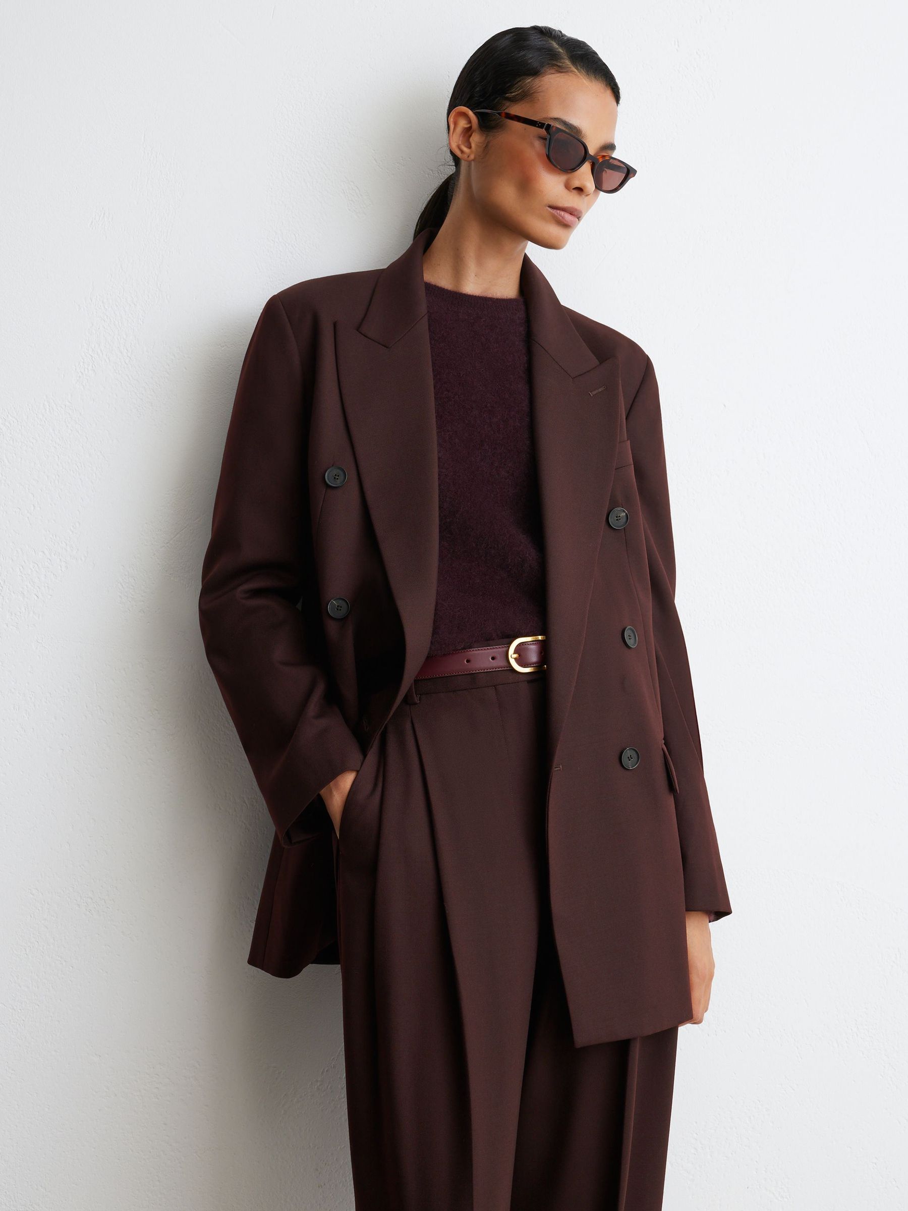 Wool-Blend Double-Breasted Oversized Suit Blazer in Dark Aubergine - Image 1 of 9