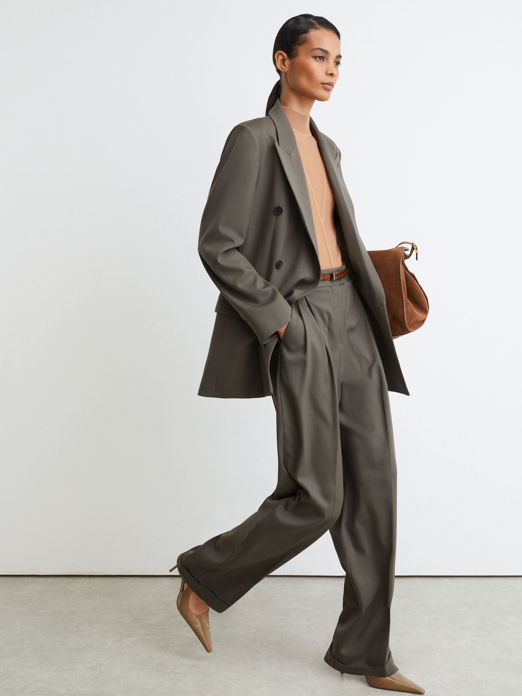 Wool-Blend Double-Breasted Oversized Suit Blazer in Sage Green - Image 3 of 7