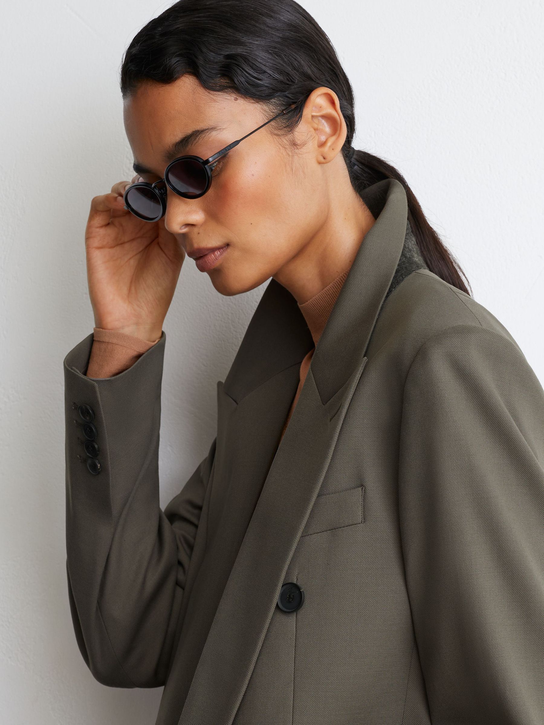 Wool-Blend Double-Breasted Oversized Suit Blazer in Sage Green - Image 4 of 7
