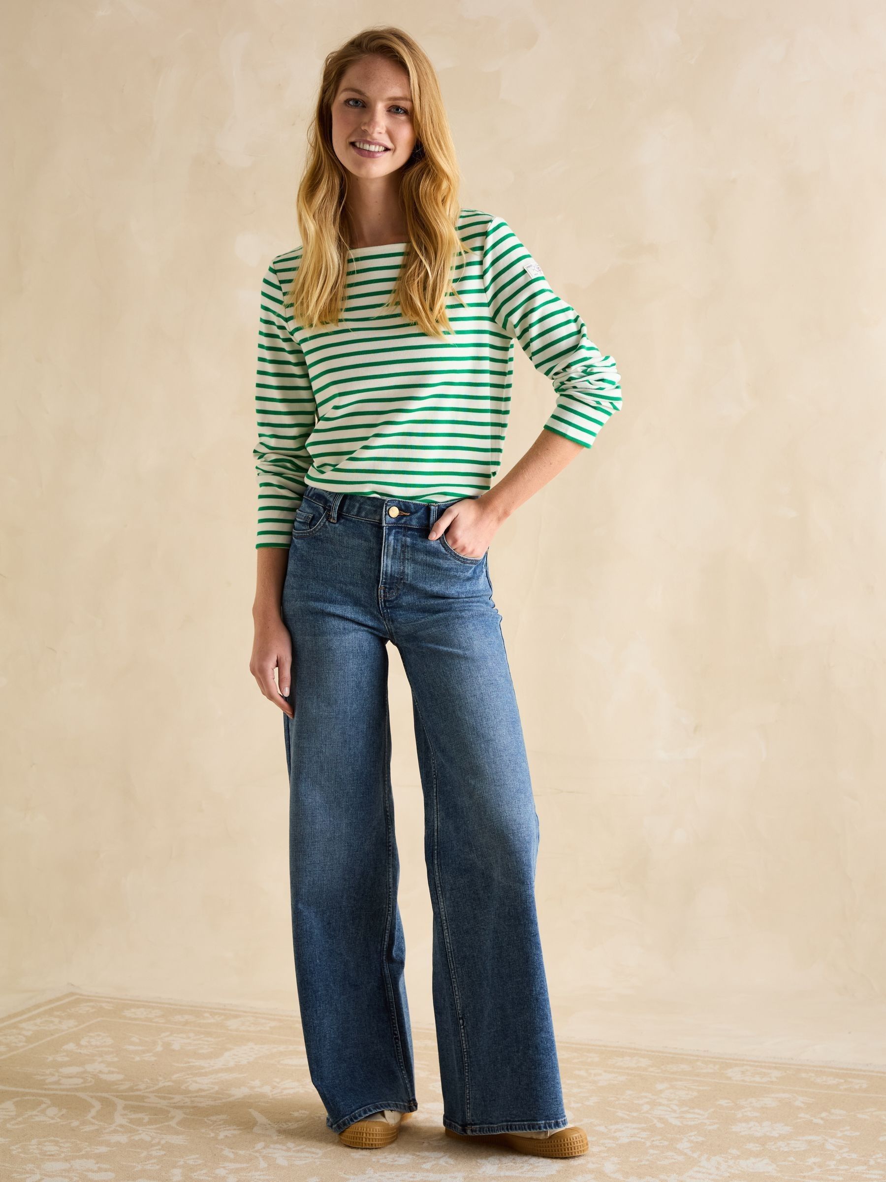 Harbour Green/ White Boat Neck Long Sleeve Breton Stripe Top - Image 3 of 6