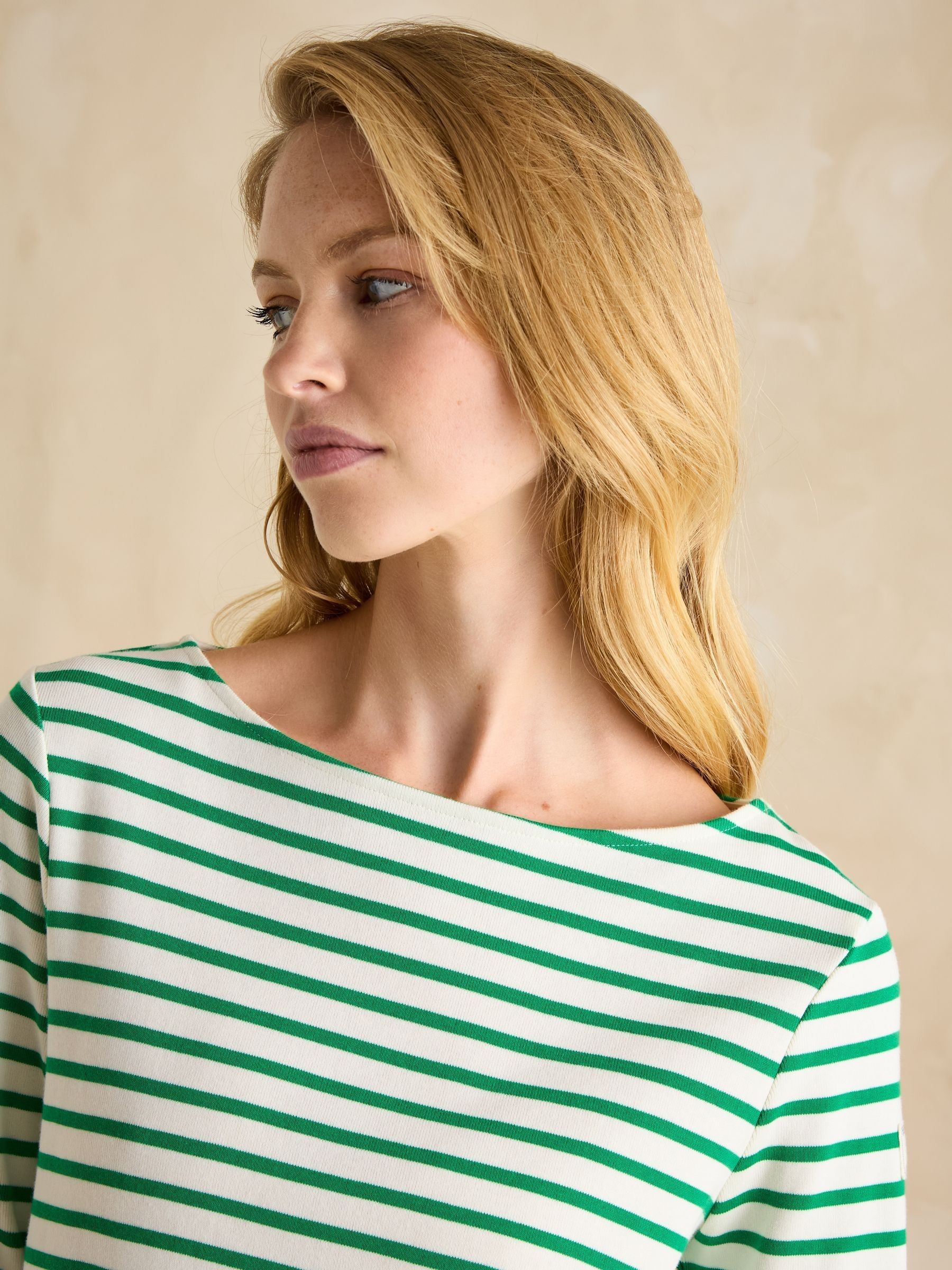 Harbour Green/ White Boat Neck Long Sleeve Breton Stripe Top - Image 4 of 6