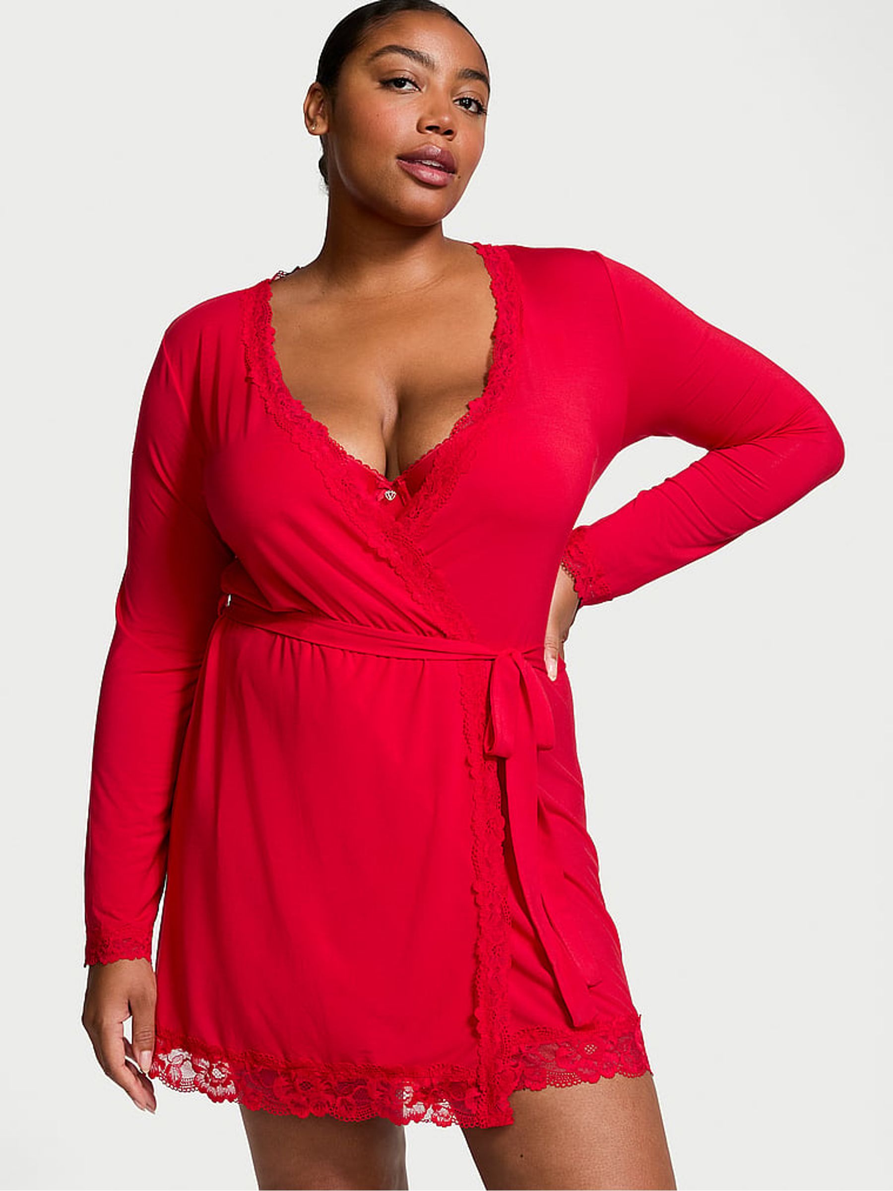 Lipstick Red Modal Lace Trim Robe - Image 1 of 3