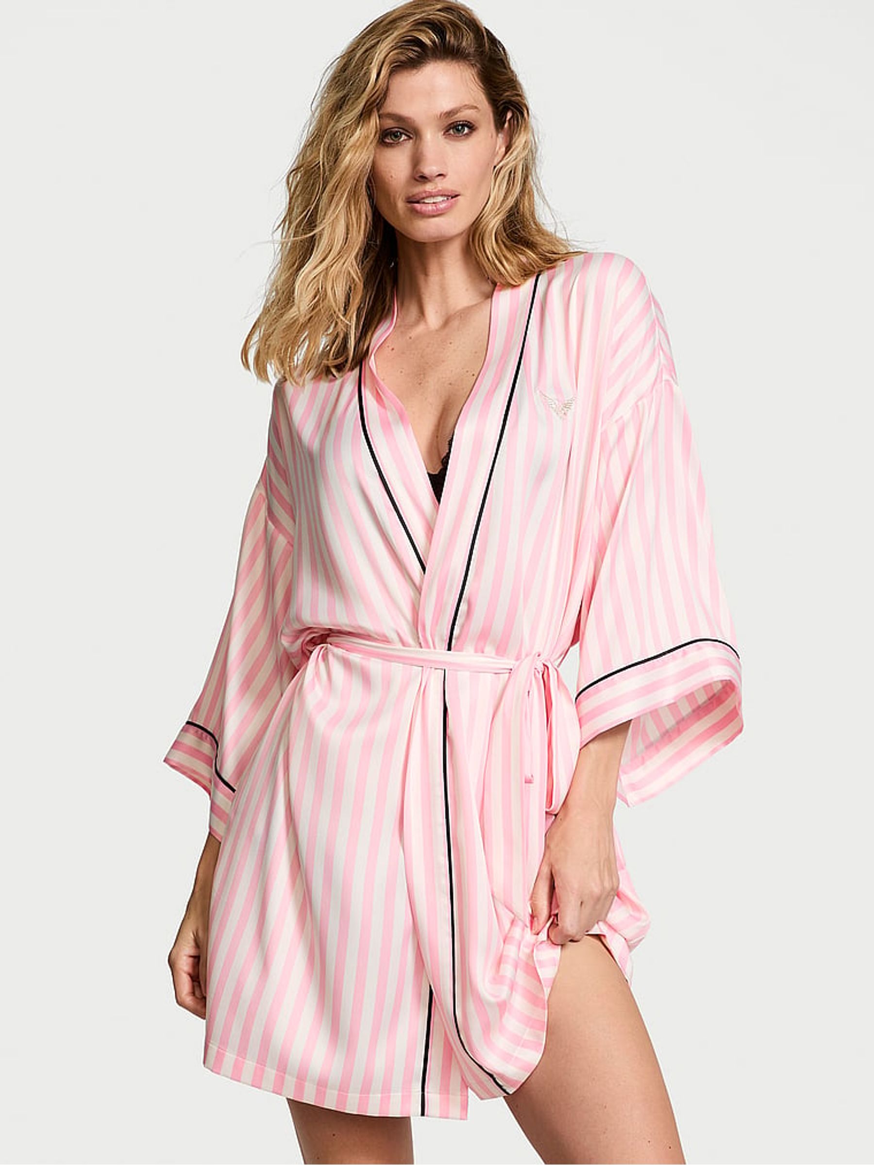 Pink Iconic Stripe Fashion Show '24 Glazed Satin Short Robe - Image 2 of 5