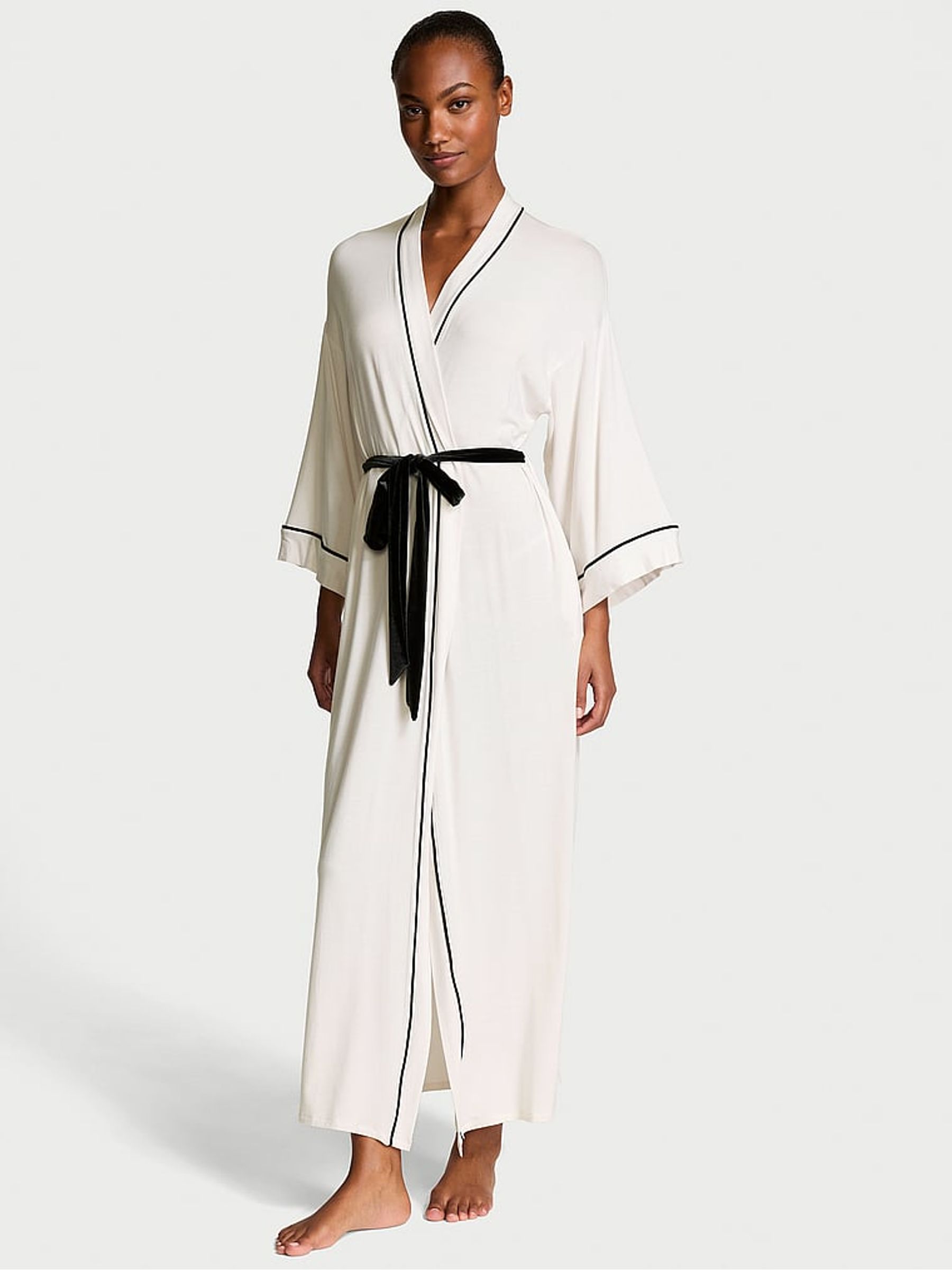 Coconut White Modal Soft Velvet Trim Maxi Robe - Image 1 of 3