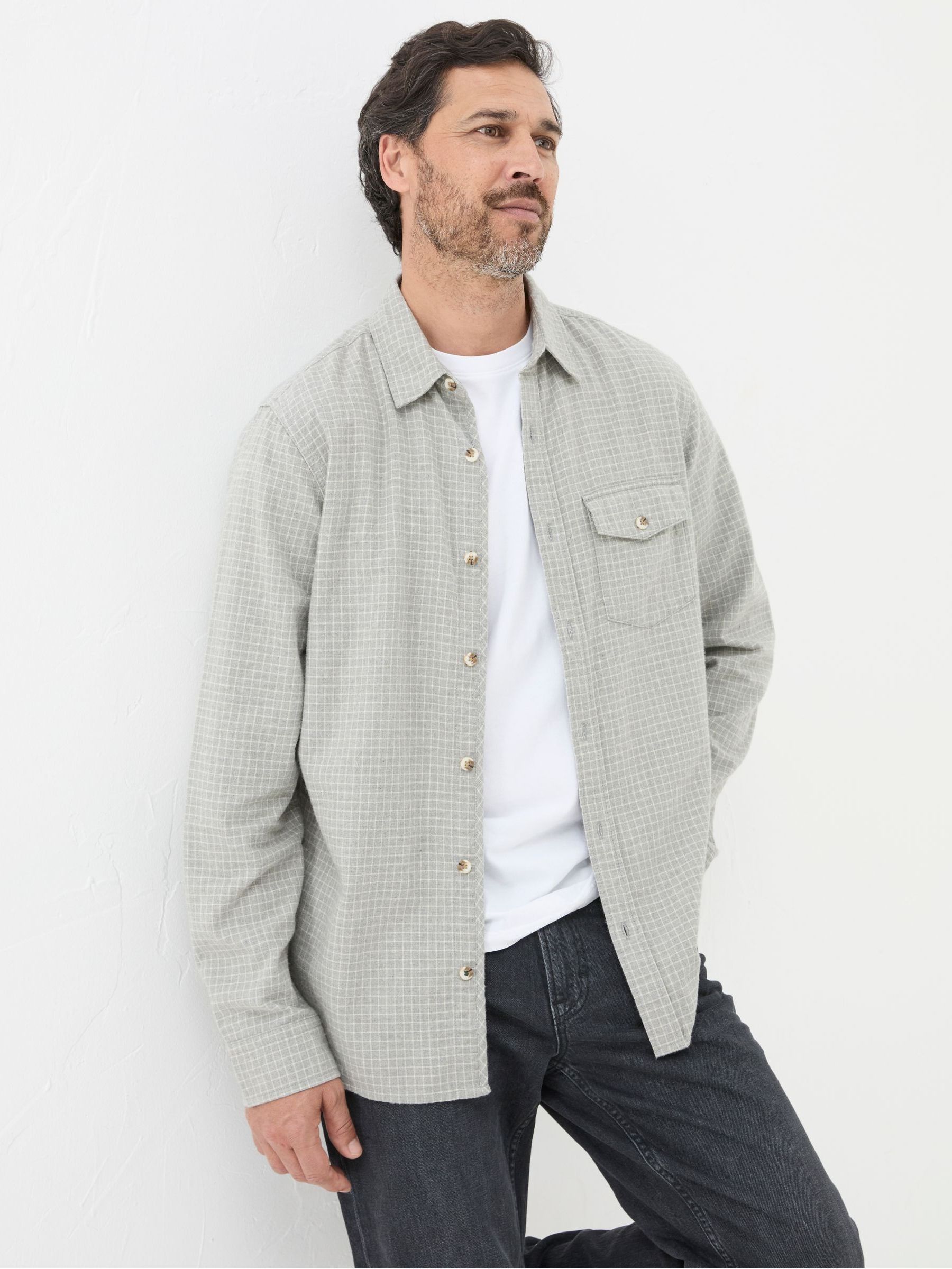 Grey Long Sleeve Grantham Grid Check 100% Cotton Shirt - Image 1 of 6