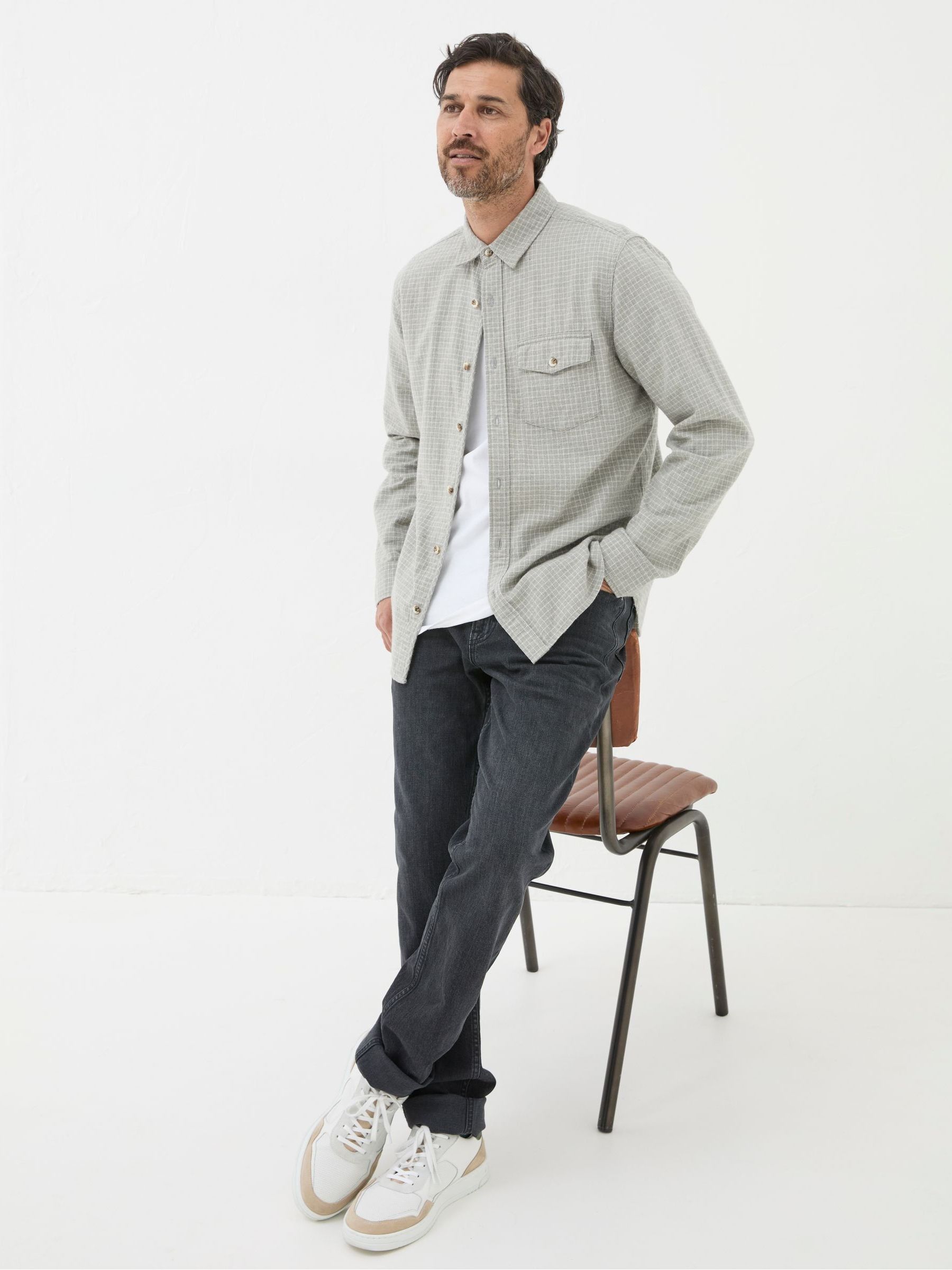 Grey Long Sleeve Grantham Grid Check 100% Cotton Shirt - Image 3 of 6