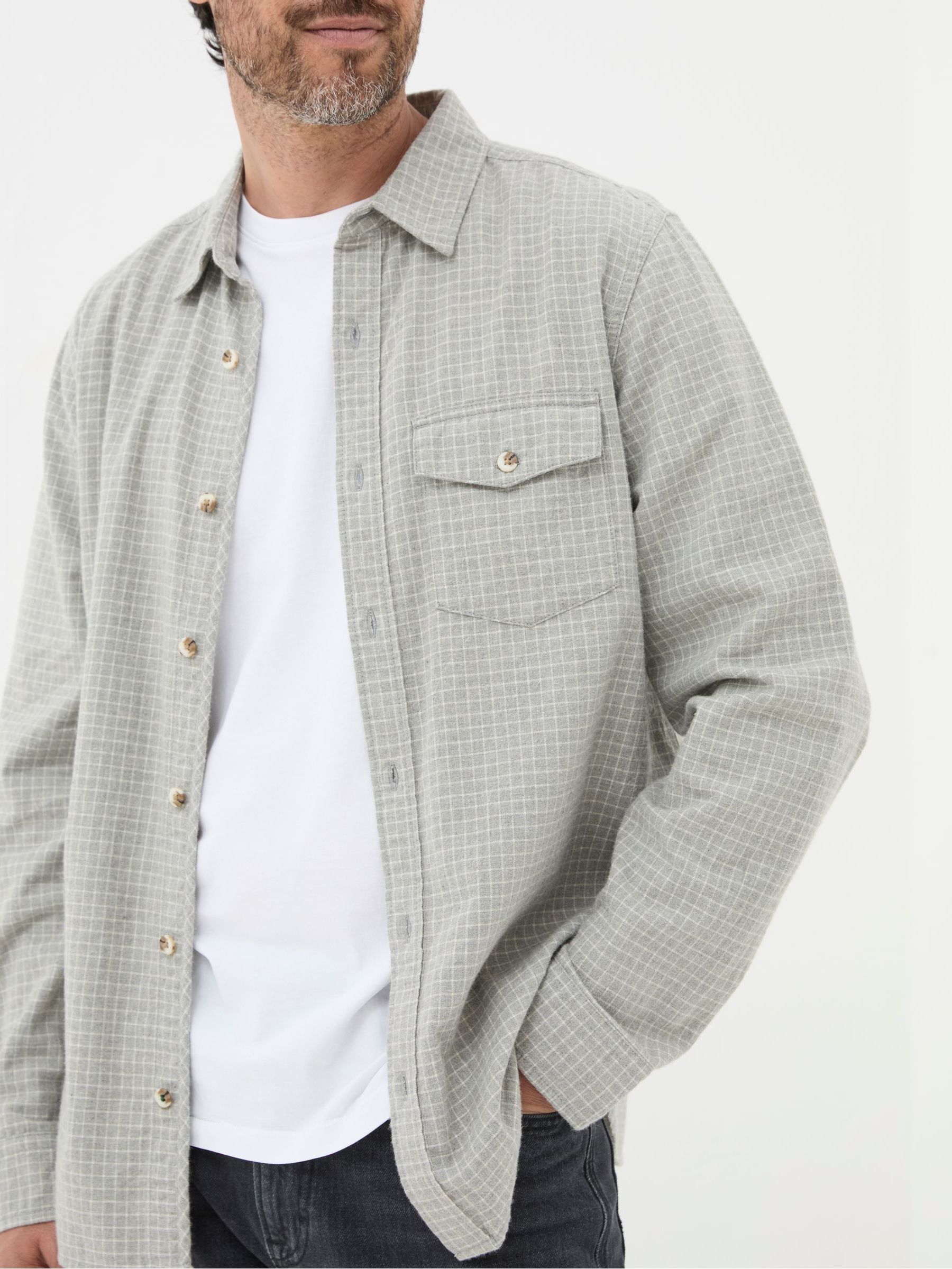 Grey Long Sleeve Grantham Grid Check 100% Cotton Shirt - Image 4 of 6