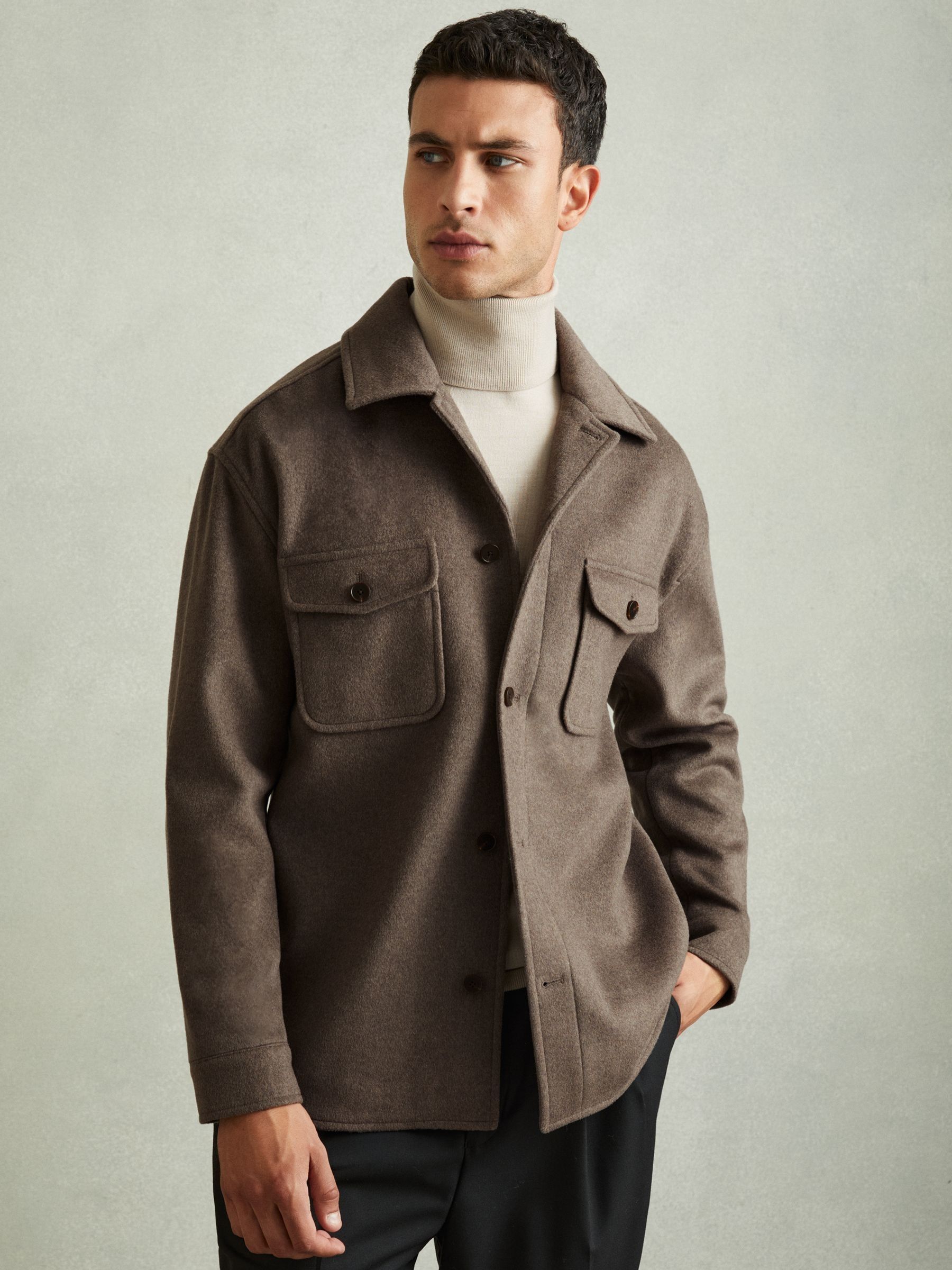 Wool-Blend Melton Overshirt in Light Brown - Image 1 of 6
