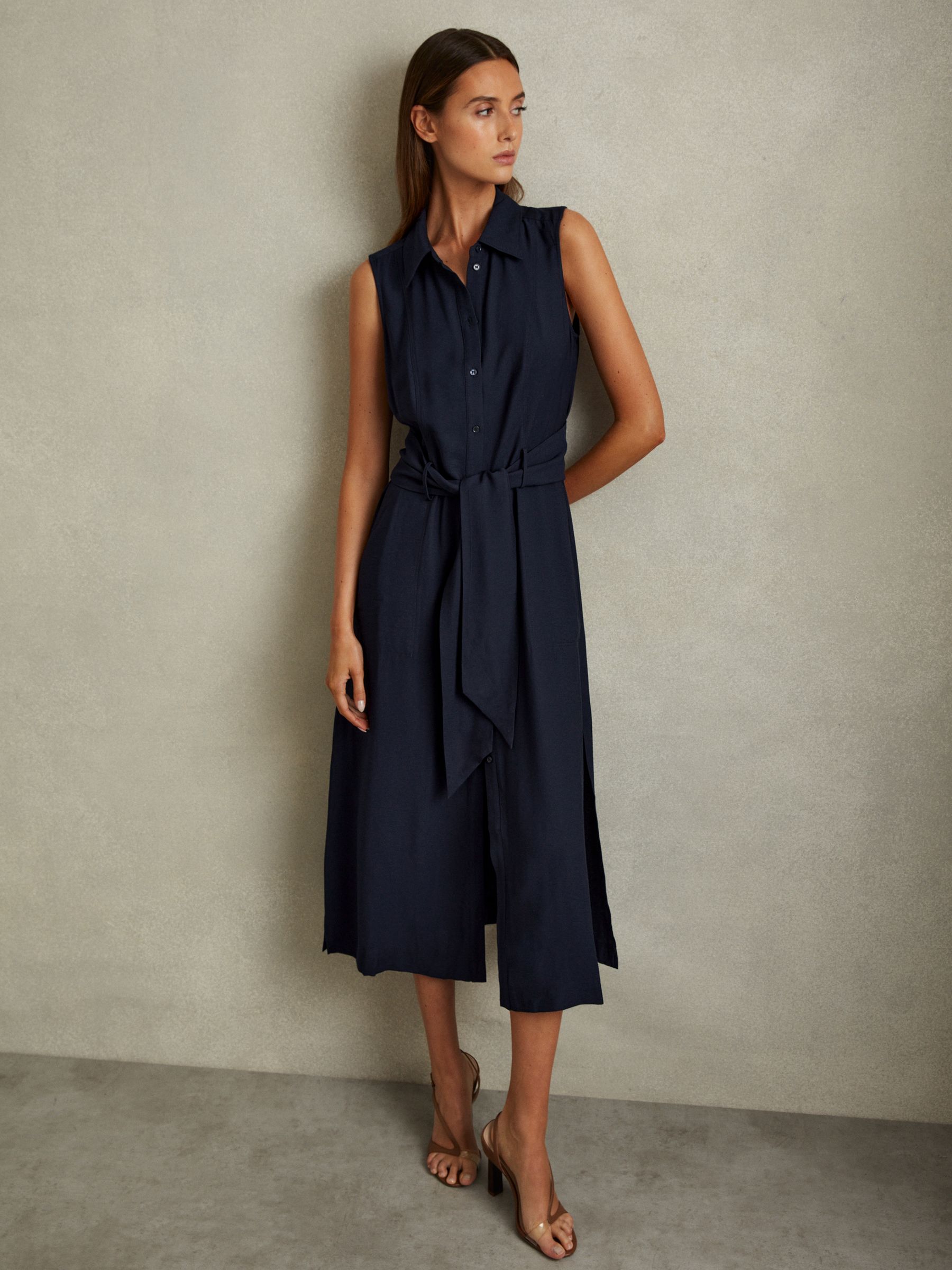 Petite Viscose Blend Belted Shirt Dress in Navy - Image 1 of 7