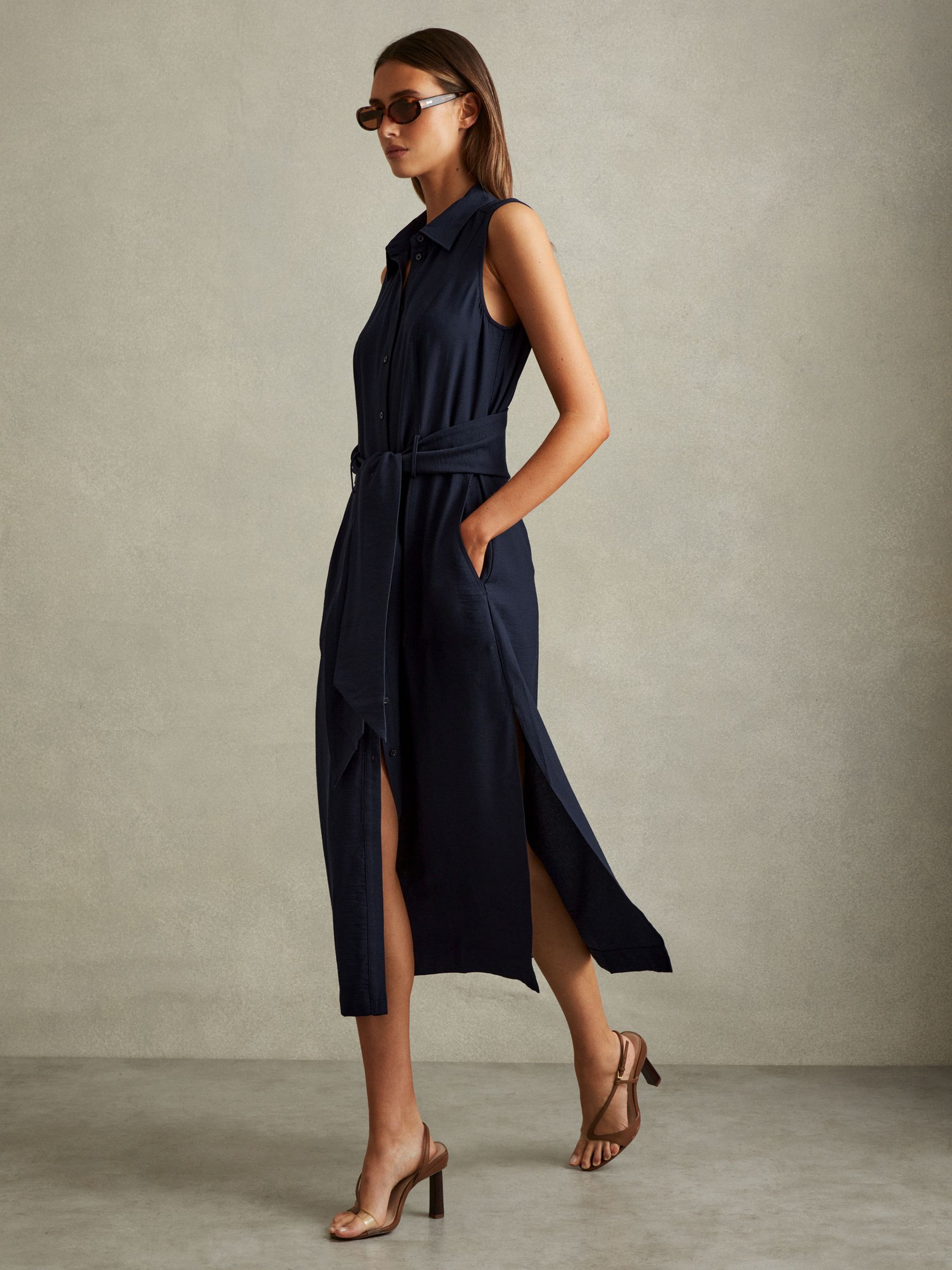 Petite Viscose Blend Belted Shirt Dress in Navy - Image 4 of 7