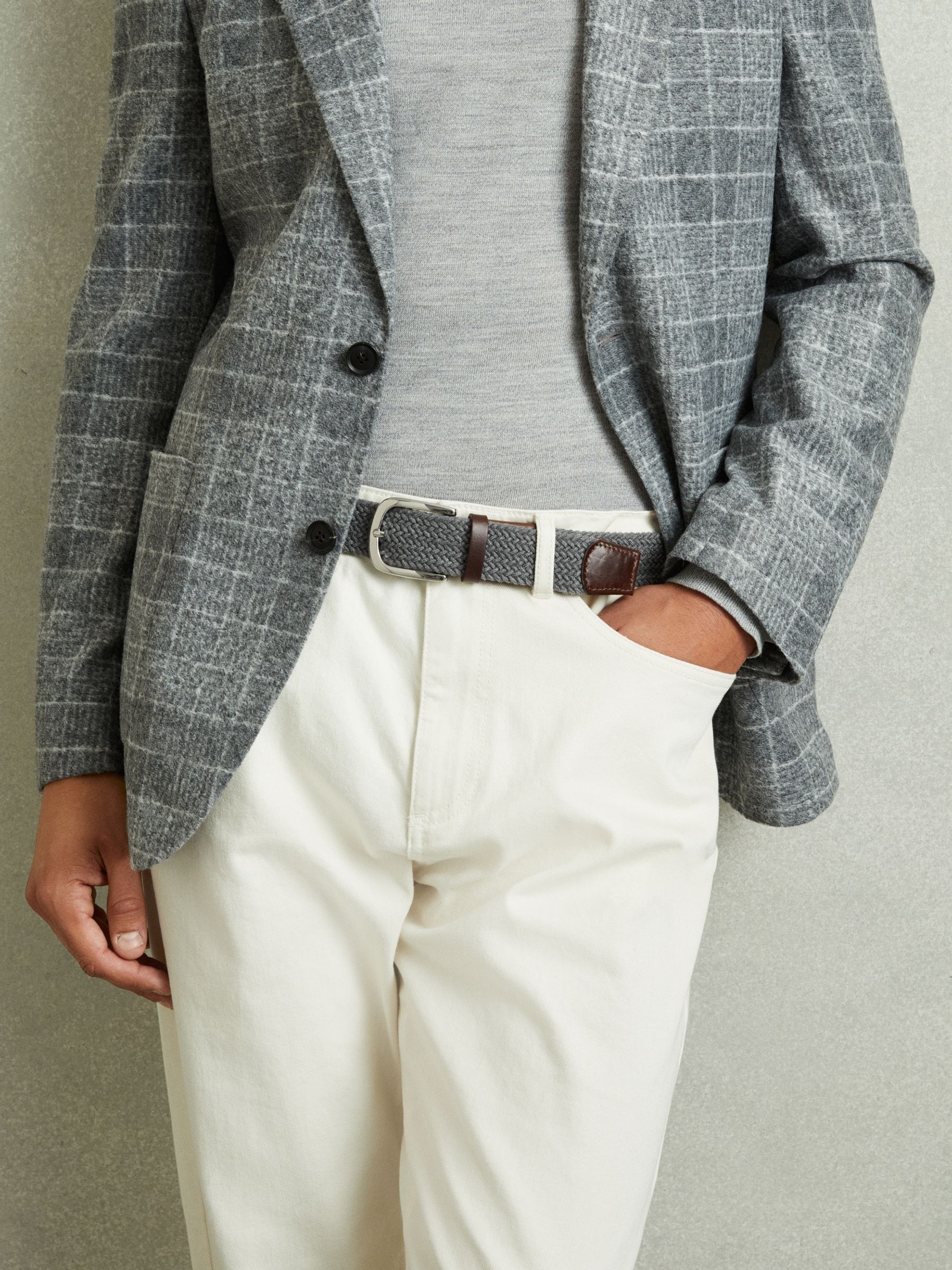 Leather Tipped Woven Belt in Grey Melange - Image 2 of 4