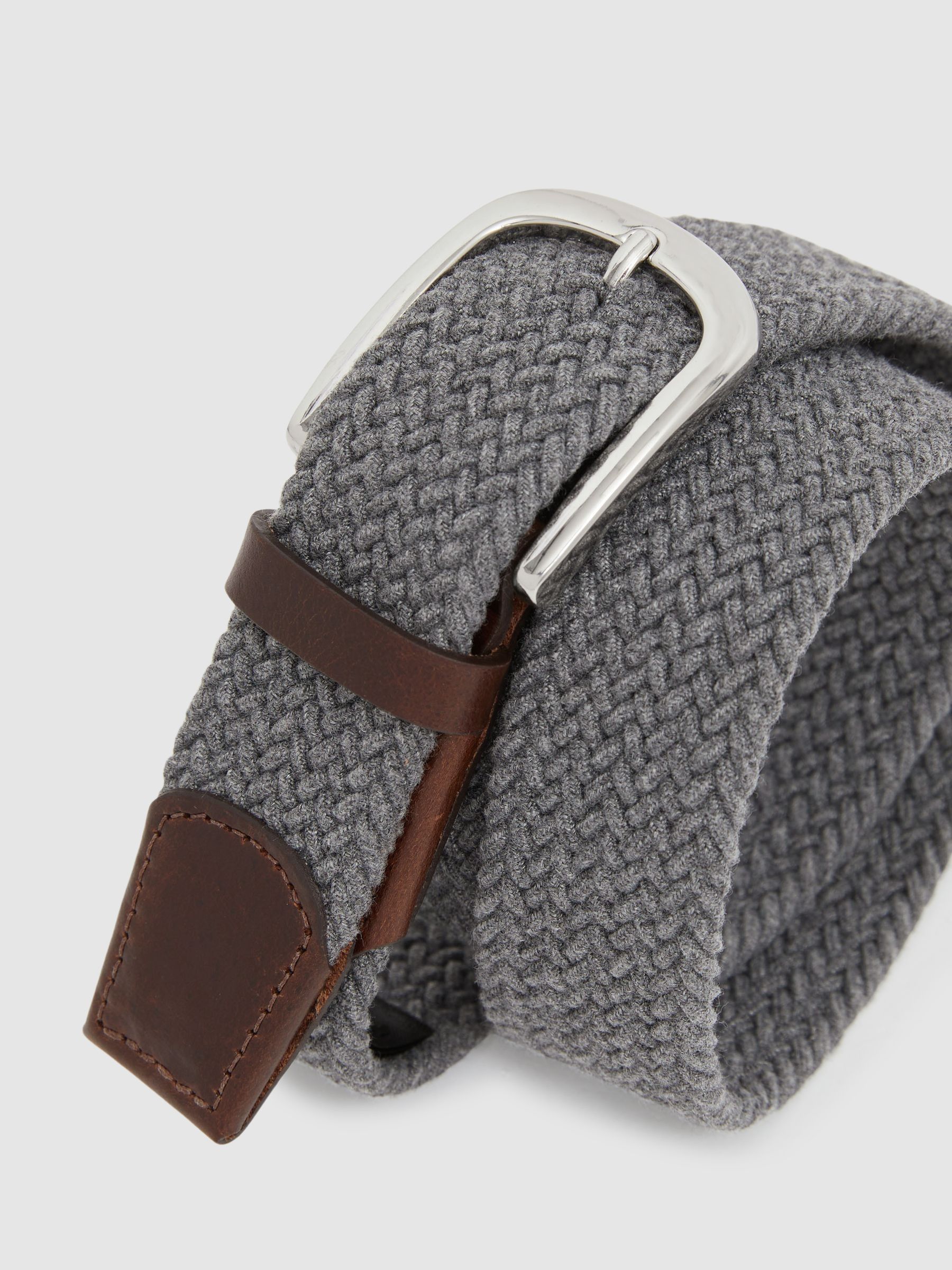 Leather Tipped Woven Belt in Grey Melange - Image 4 of 4