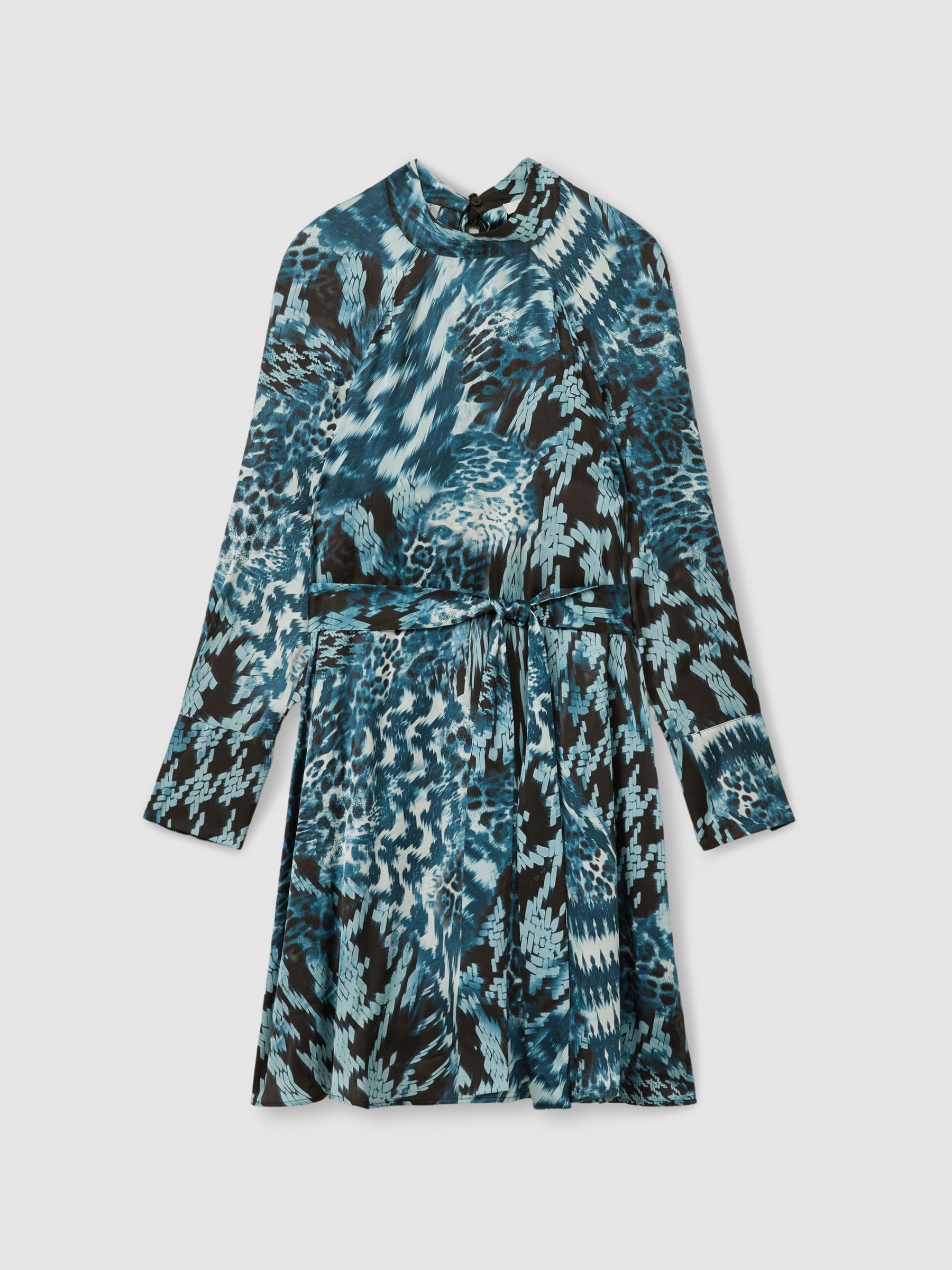 Ester Teal Printed Belted Tie Neck Mini Dress - Image 2 of 6