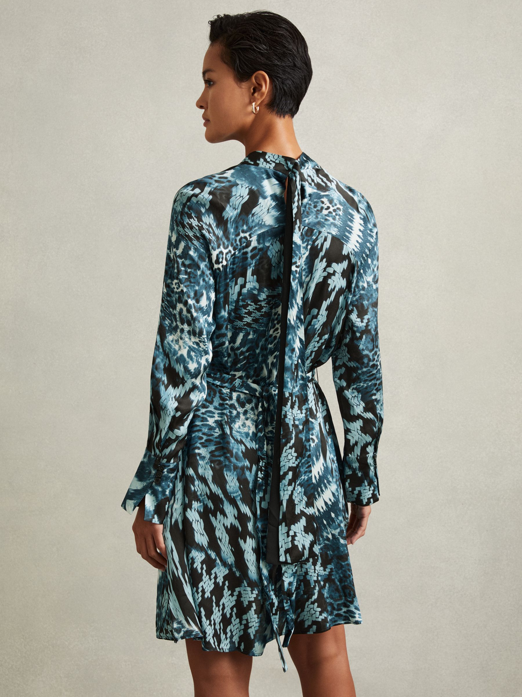 Ester Teal Printed Belted Tie Neck Mini Dress - Image 3 of 6