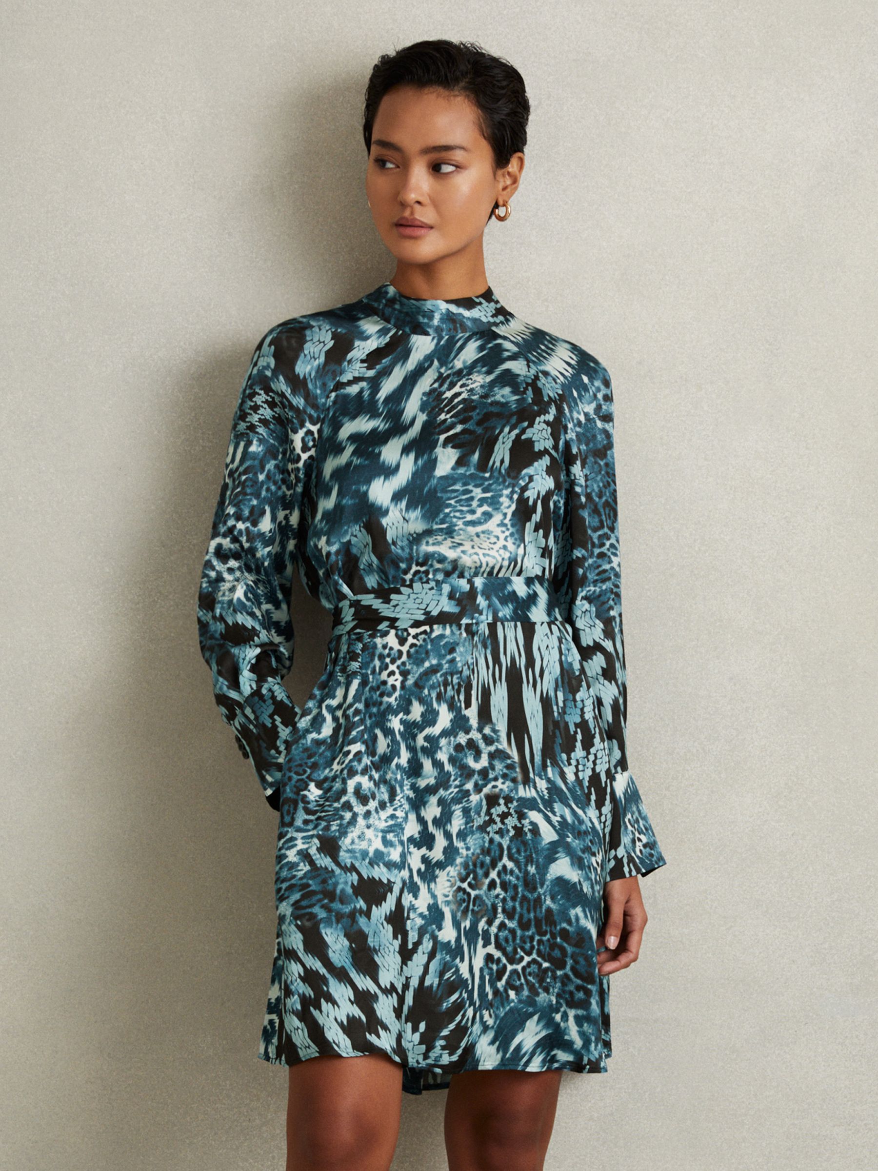 Ester Teal Printed Belted Tie Neck Mini Dress - Image 4 of 6